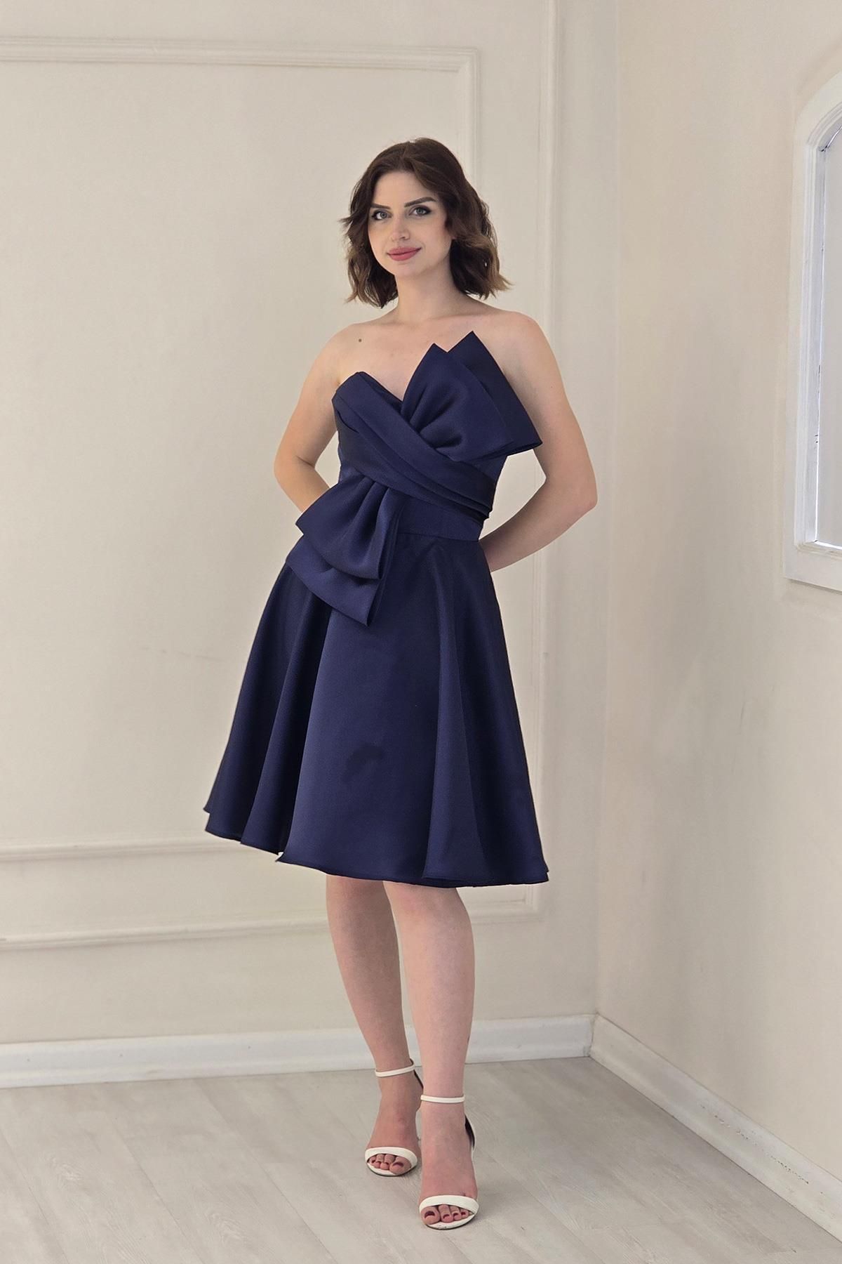 Yonca Moda Evi Lacivert Kısa Fiyonklu Abiye 7005