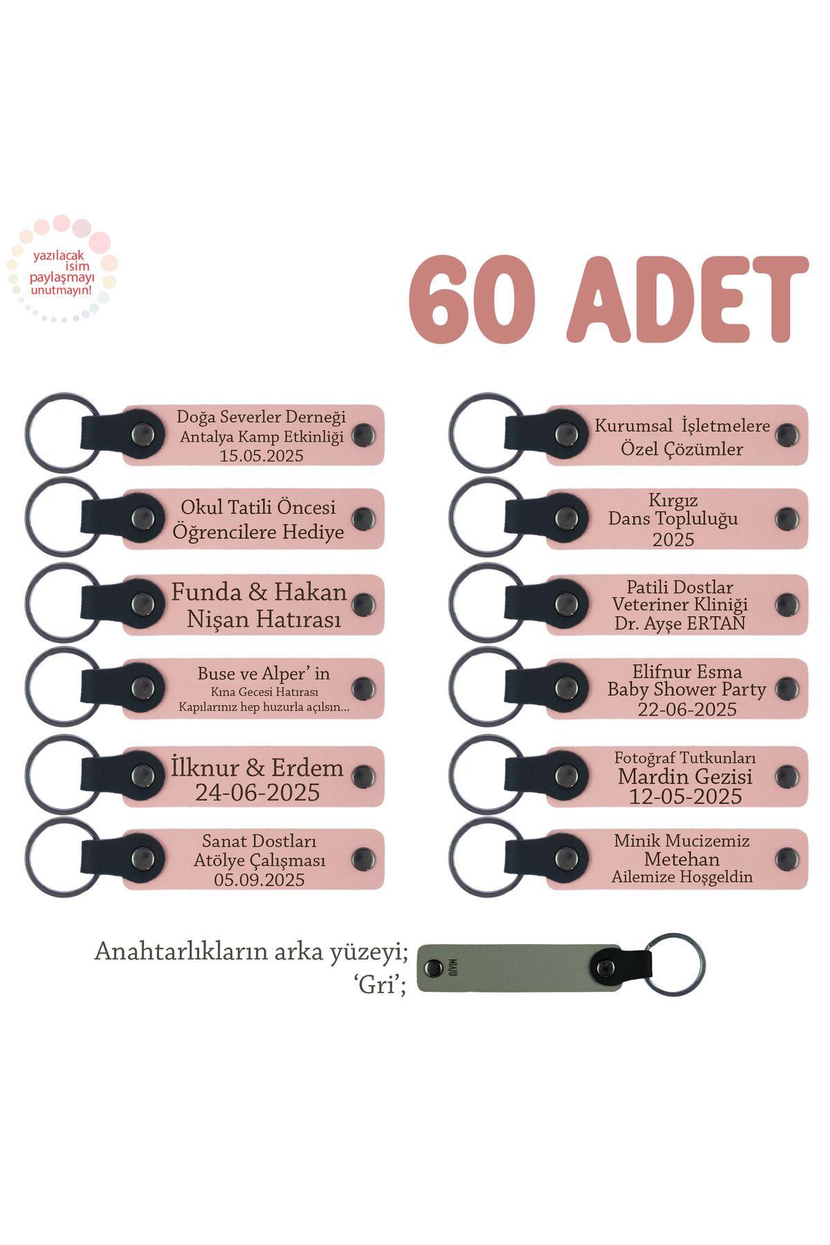Miaju İşletmelere Özel Üretim, Alternatif Promosyonel Yazılı Anahtarlık, 60' lı Set , Pudra & Gri
