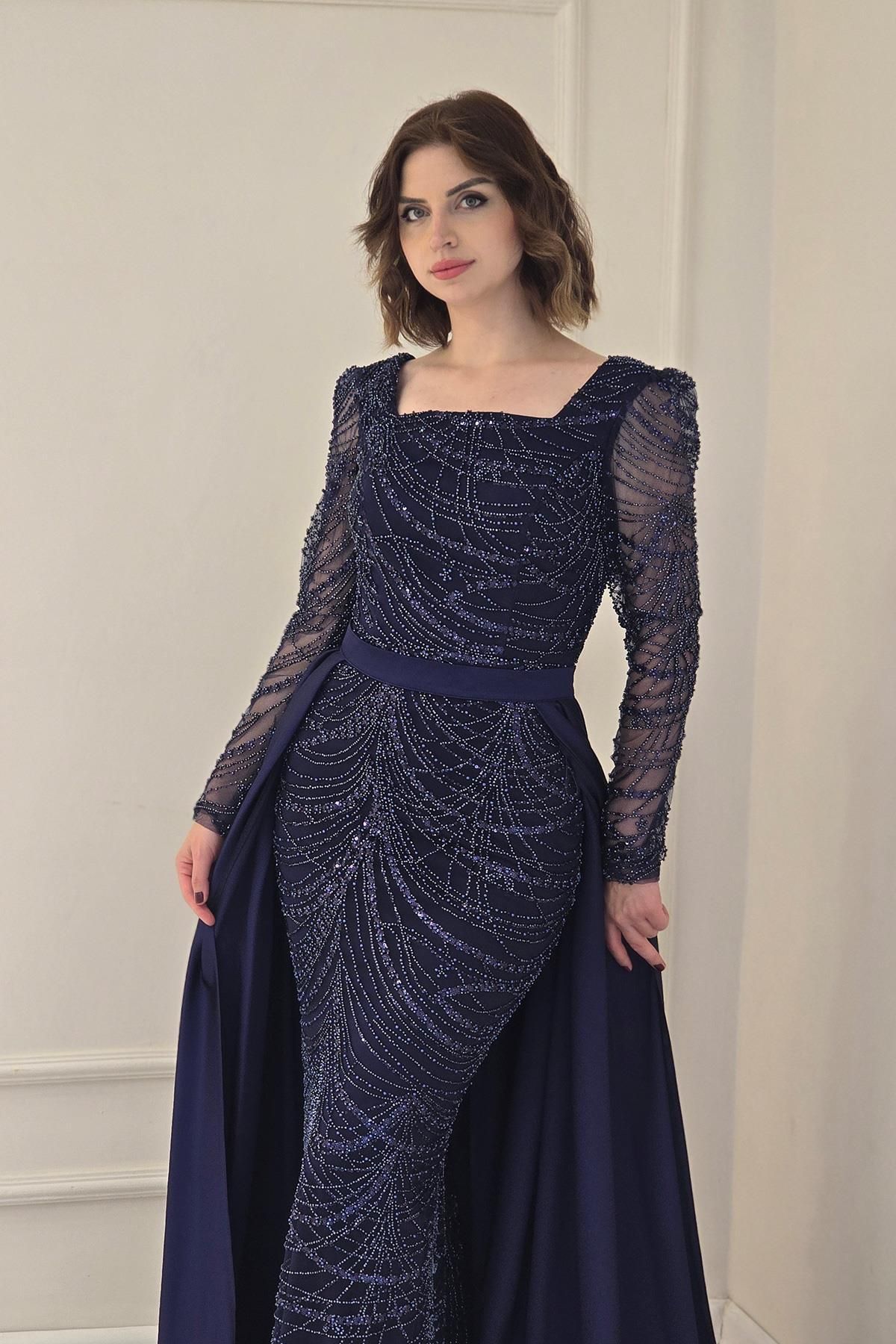 Yonca Moda Evi Lacivert Pano Desen Saten Etekli Abiye 2650