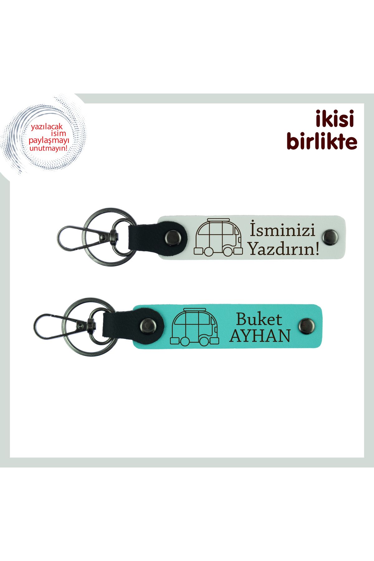 Miaju Kamp Rotalarına Eşlik Edecek Hediye Karavanlı Deri Anahtarlık x2’li, İsim Yazılabilir, Beyaz-Turkuaz