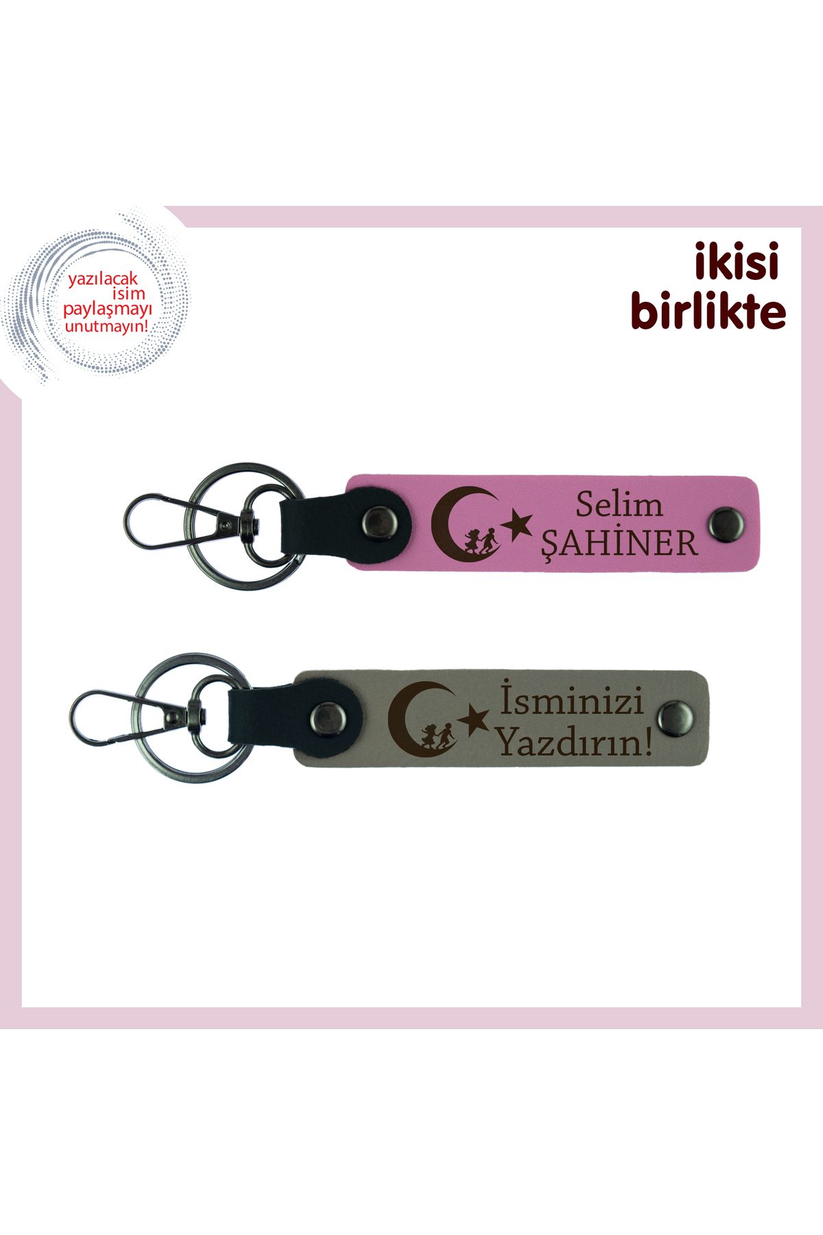 Miaju Ayyıldızın Aşkı – Sevgiliye İsme Özel Çocuk Ve Ayyıldız Deri Anahtarlık Hediyesi, Pembe-Kül Gri