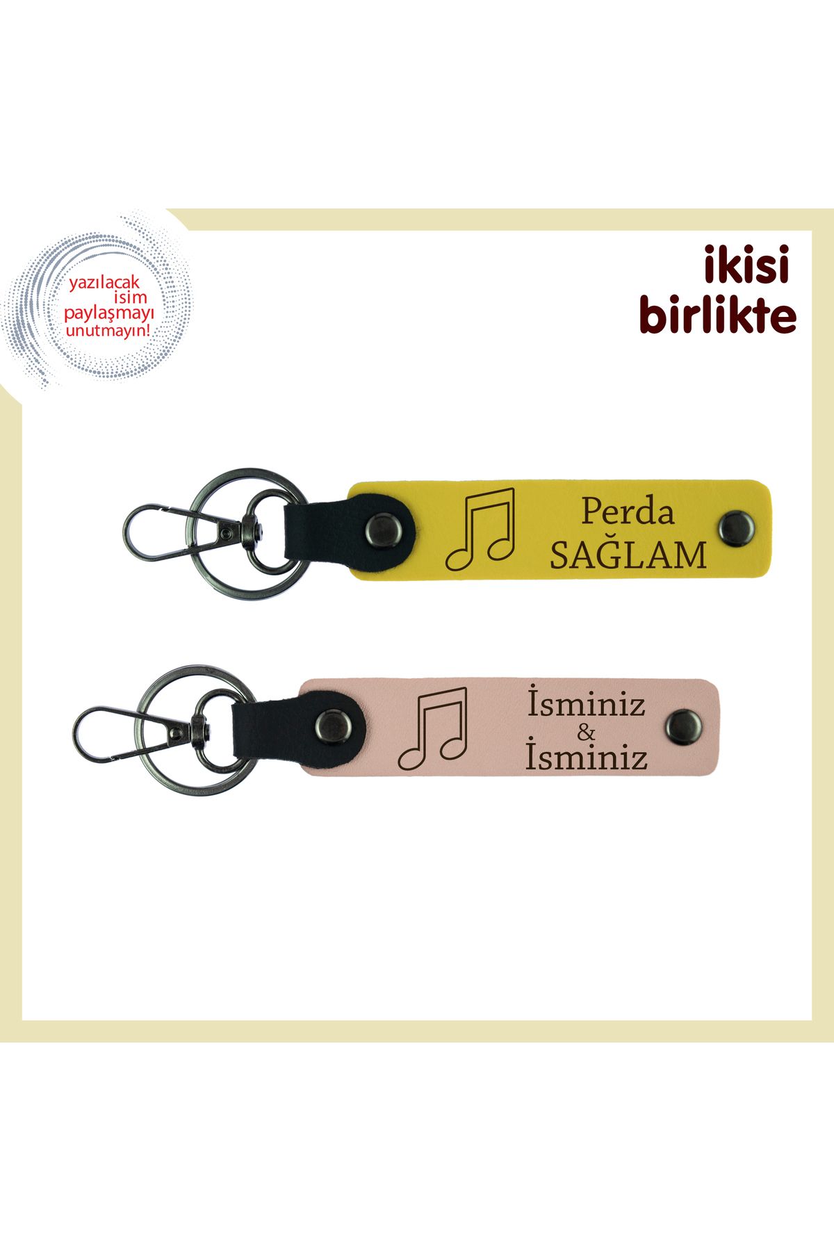Miaju Müzik Notasıyla Özelleştirilmiş 2’li Hediye, Kişisel Deri Anahtarlık Seti, Sarı-Yavru Ağzı