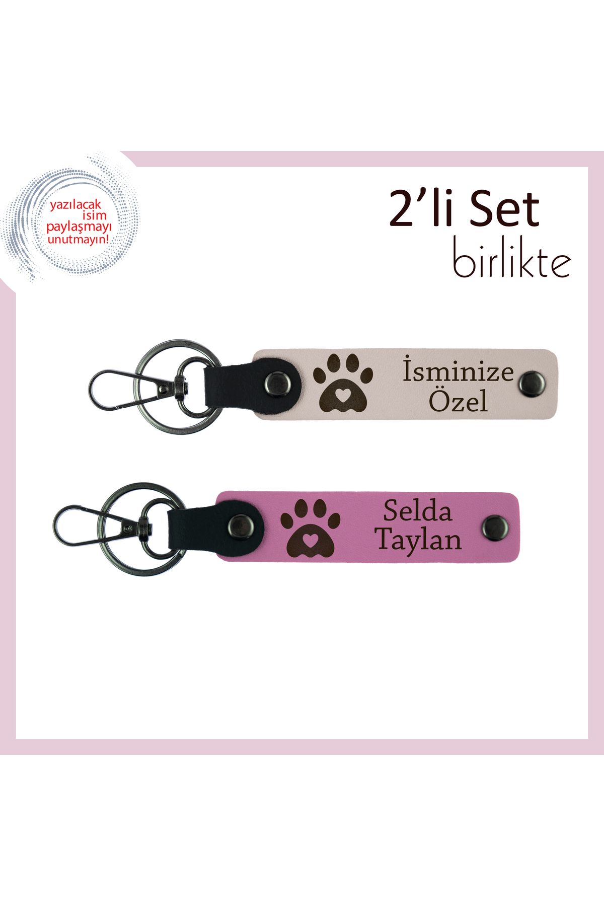 Miaju Evcil Dostunla Bağını Taşıyan Tasarım, Kalpli Pati Motifli Deri Anahtarlık Takımı, Pudra-Pembe