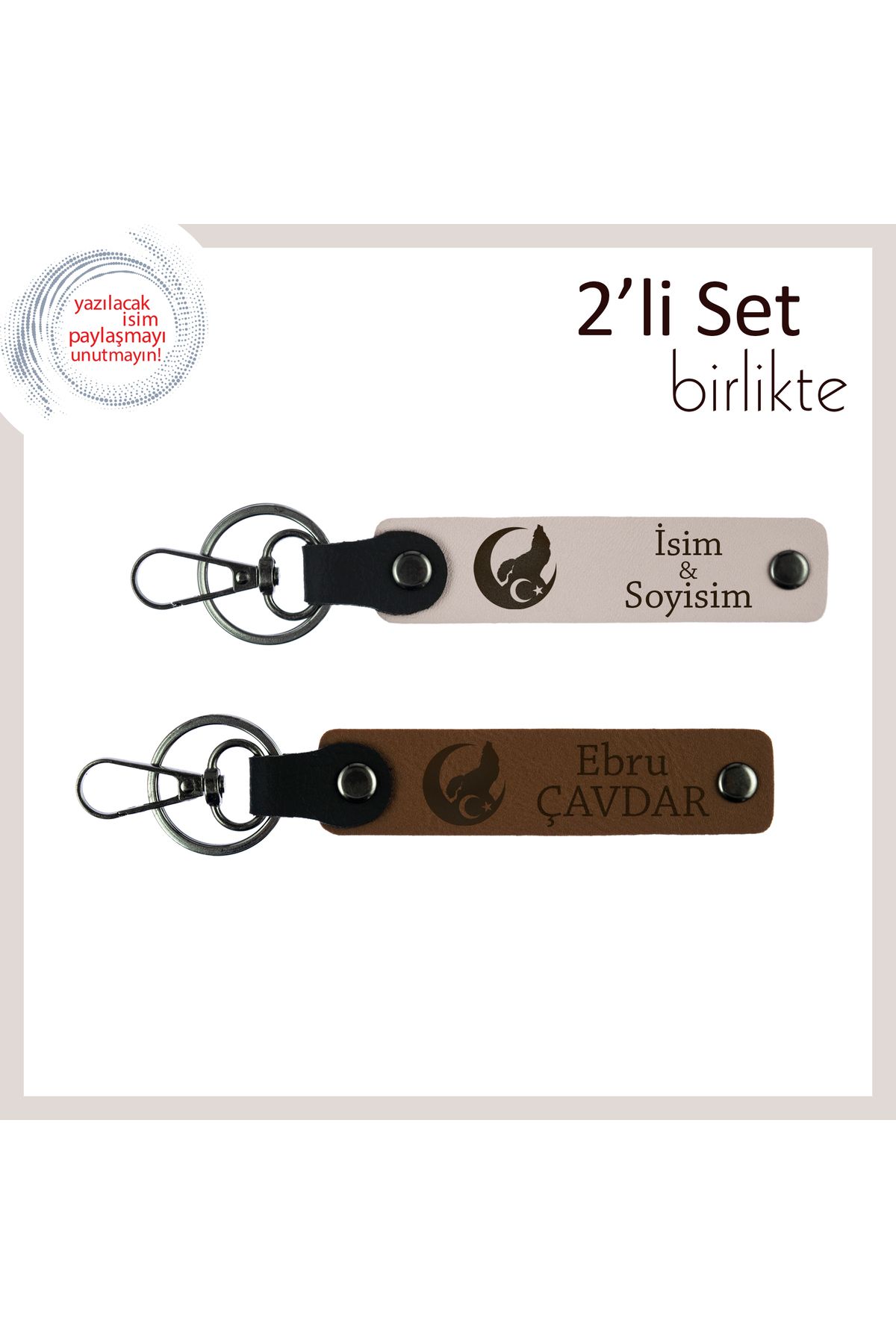 Miaju Sevgilinin İsmiyle Özelleşen Hediye – Bozkurt Ve Ayyıldız Temalı Deri Anahtarlık Seti, Pudra-Kahve