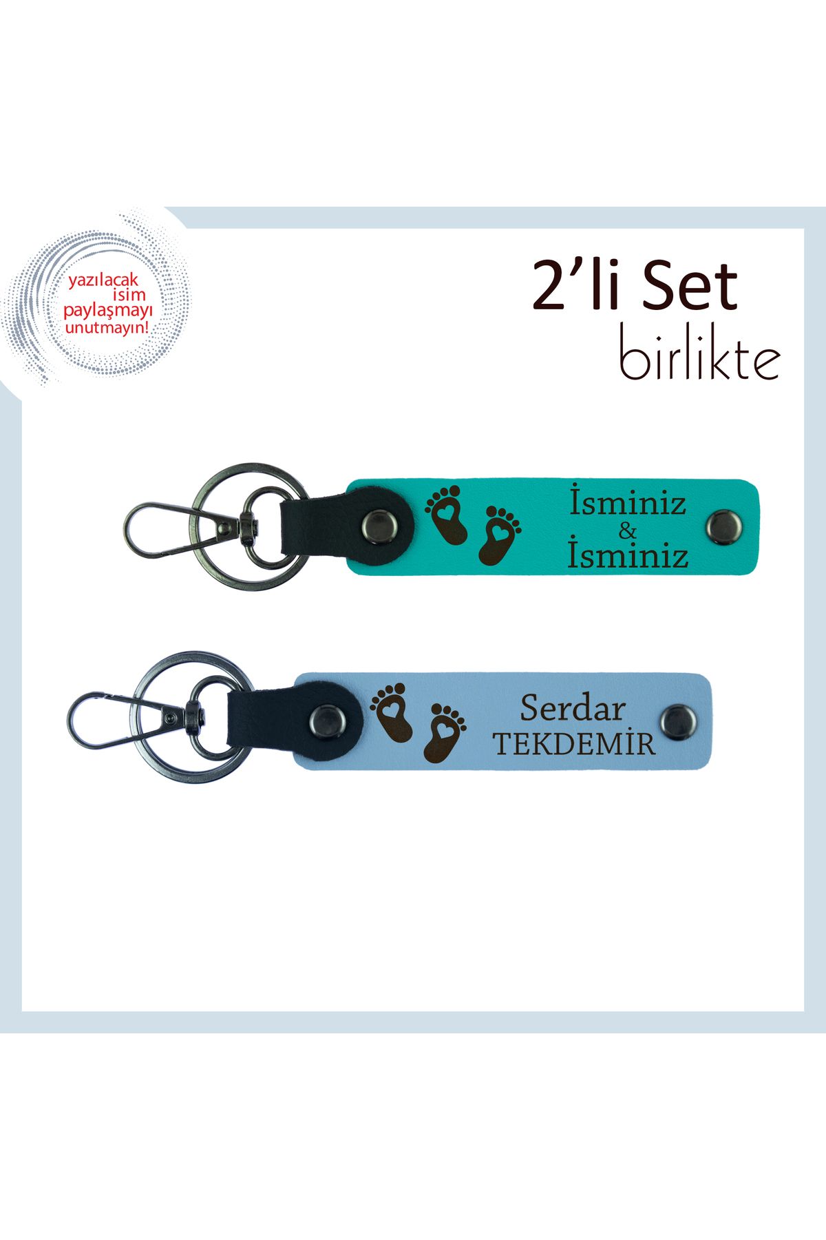 Miaju Bebek Adıyla Hazırlanabilen Kalpli Ayak Temalı Anahtarlık, 2’li Hatıra Seti, Koyu Turkuaz-Gök Mavi