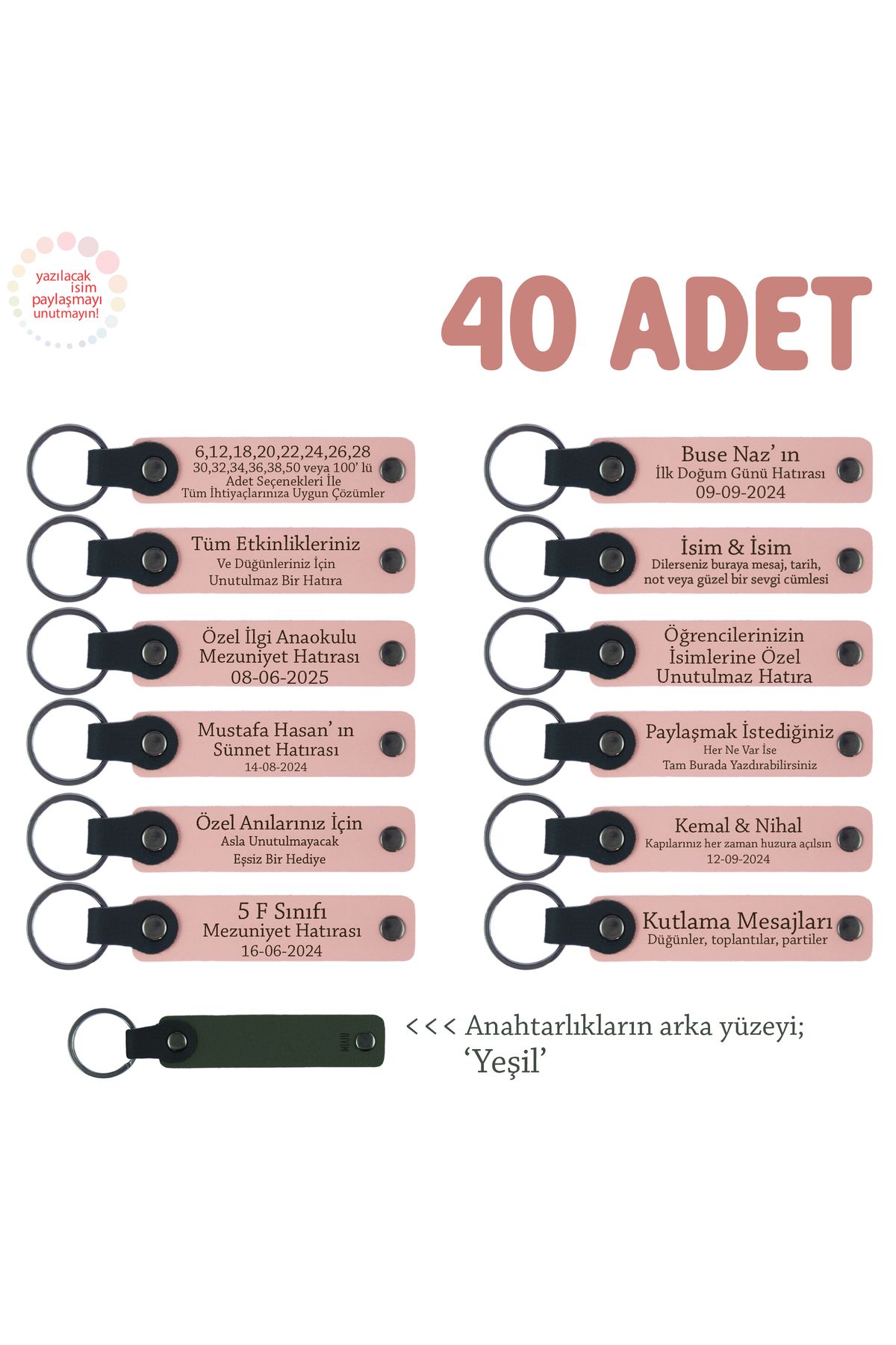 Miaju Firma Tanıtımında Hediye Olarak, 40'lı Set, İsimli Deri Promosyon Anahtarlık, Pudra & Yeşil