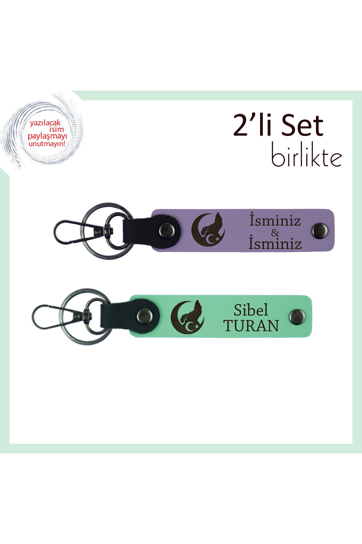 Miaju Bozkurt Ve Ayyıldız Deri Anahtarlık Seti x2 – İsim Eklenebilen Hatıra Hediye, Mor Menekşe-Yeşil