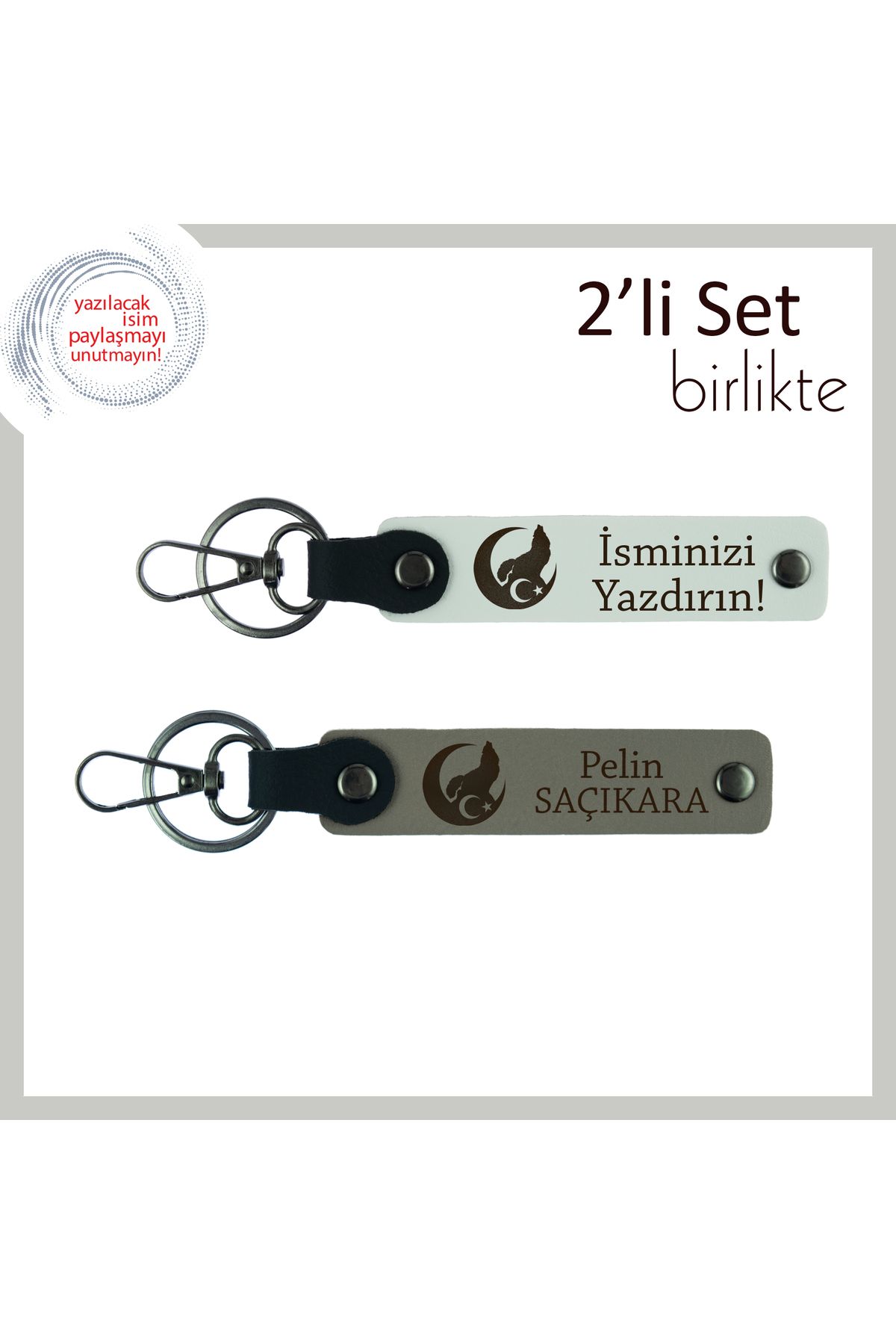 Miaju Bozkurt Ve Ayyıldız Deri Anahtarlık Set – Doğum Gününe Özel İsim Yazılabilen Hediye, Beyaz-Kül Gri