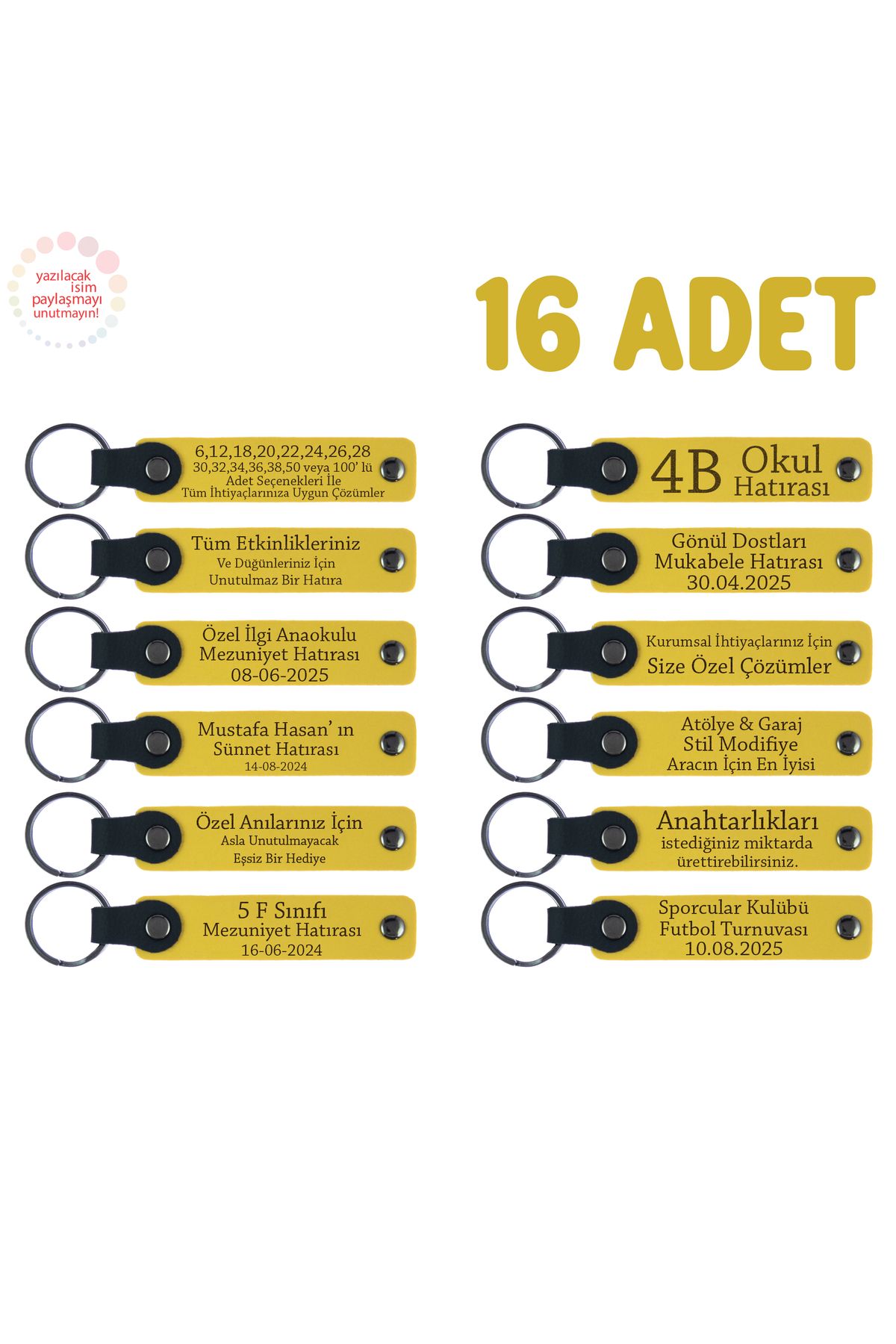 Miaju Sarı, Kardeşler Arasında Dağıtılacak Hatıra, 16’lı Set, Kişiye Özel Yazılı Deri Anahtarlık