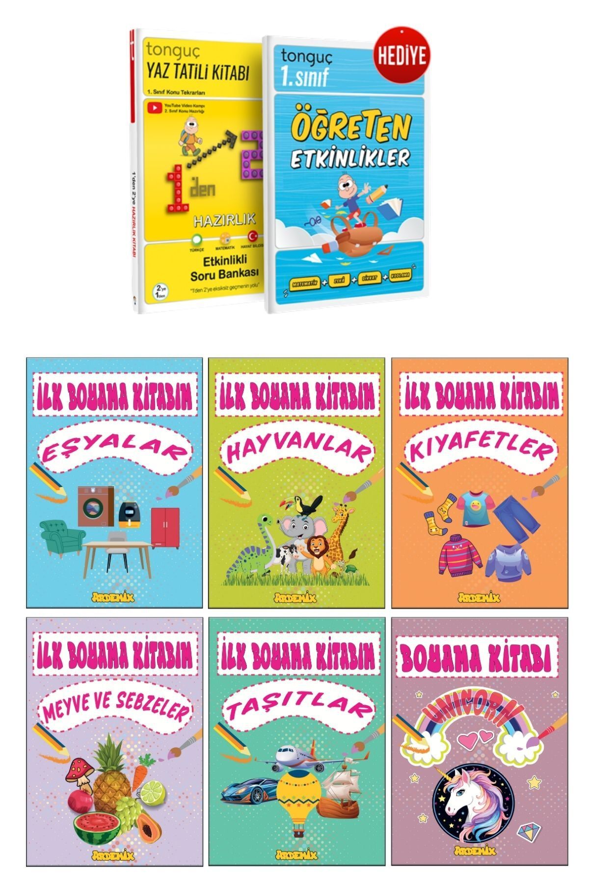 Tonguç Yayınları 1 den 2 ye Hazırlık İlk Adım Yaz Tatil Kitabı + 6 Adet Boyama Kitabı