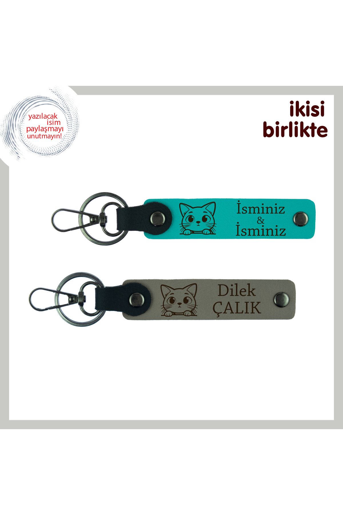 Miaju Birlikte Sahiplendiğiniz Can’a Minnet, Kedili Deri Anahtarlık 2’li Set, Koyu Turkuaz-Kül Gri
