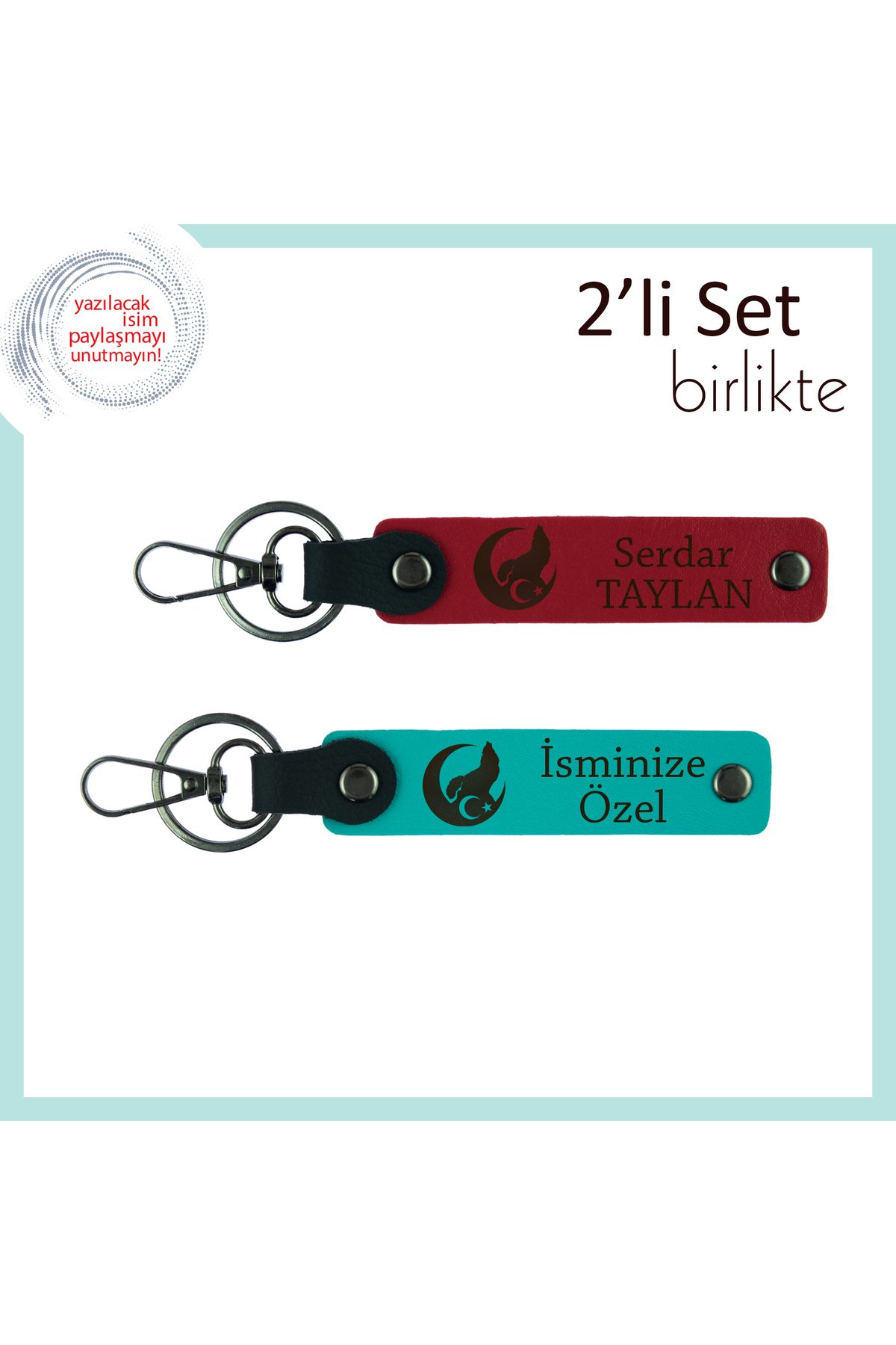 Miaju Kişiselleştirilebilir Bozkurt Ve Ayyıldız Desenli Anahtarlık – 2’li Hediye Set, Kırmızı-Turkuaz