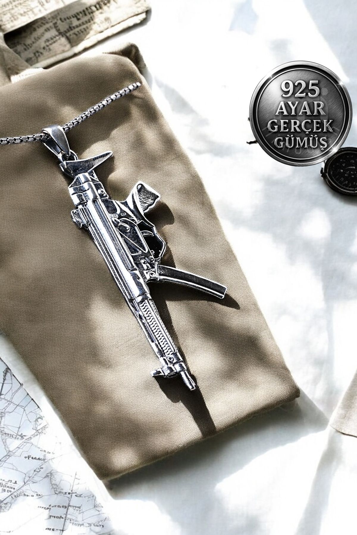 Mimodish 925 Ayar Gerçek Gümüş Özel Hediye Askeri Taktik Tasarım Tarz Güç Simgesi MP5 Model Gümüş Erkek Kolye