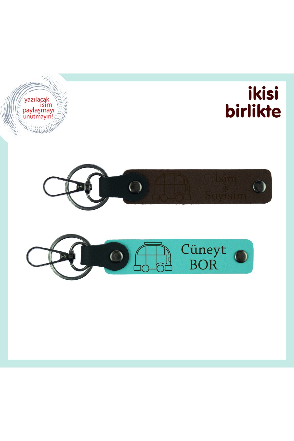 Miaju Karavanda Yaşanmış Anılara Kişisel Hediye, Deri Anahtarlık x2’li, İsim Yazılı, Koyu Kahve-Turkuaz