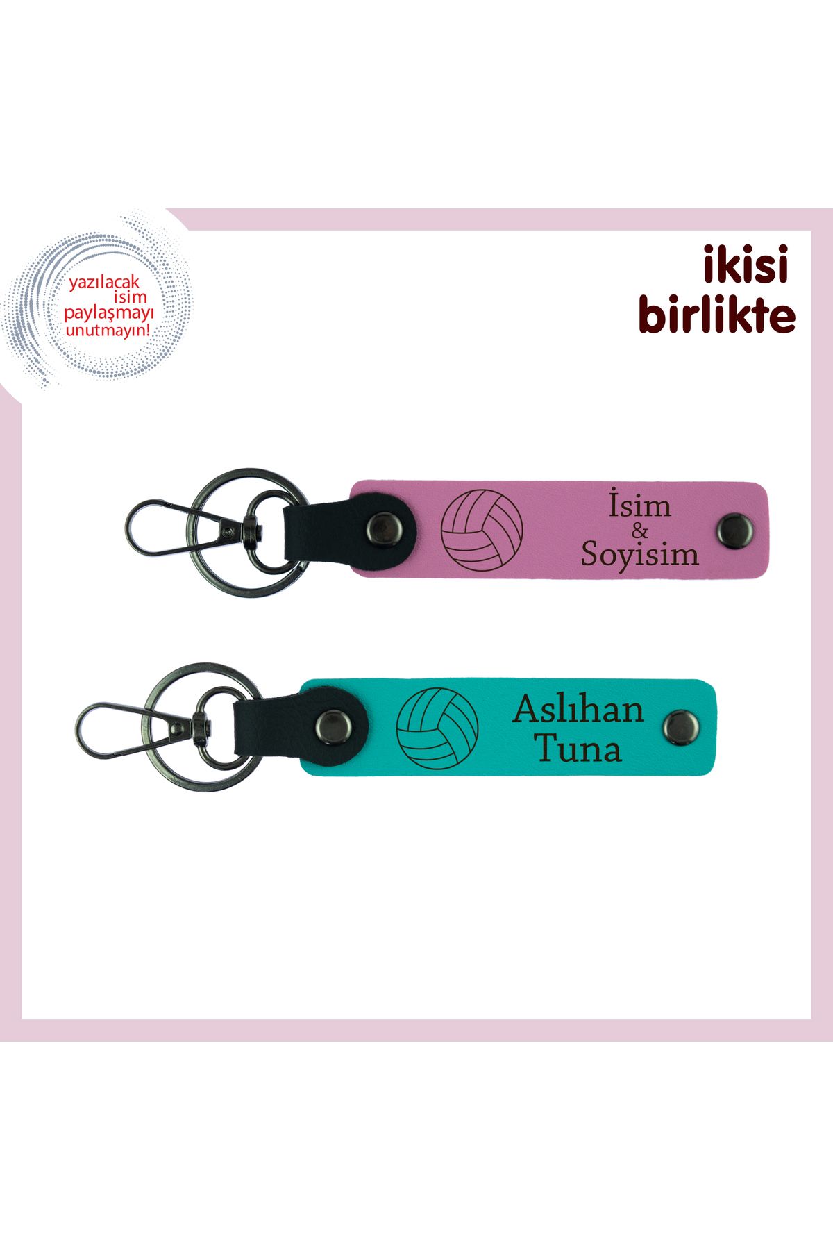 Miaju Takım Ruhu Taşıyan Sade Hatıra, İsim Yazılabilir Voleybol Anahtarlık Takımı, Pembe-Koyu Turkuaz