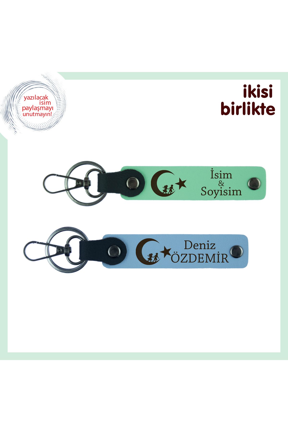Miaju Komşuya İnce Sürpriz, Çocuk Ve Ayyıldız Temalı İsim Yazılı 2’li Anahtarlık Hediyesi, Yeşil-Mavi