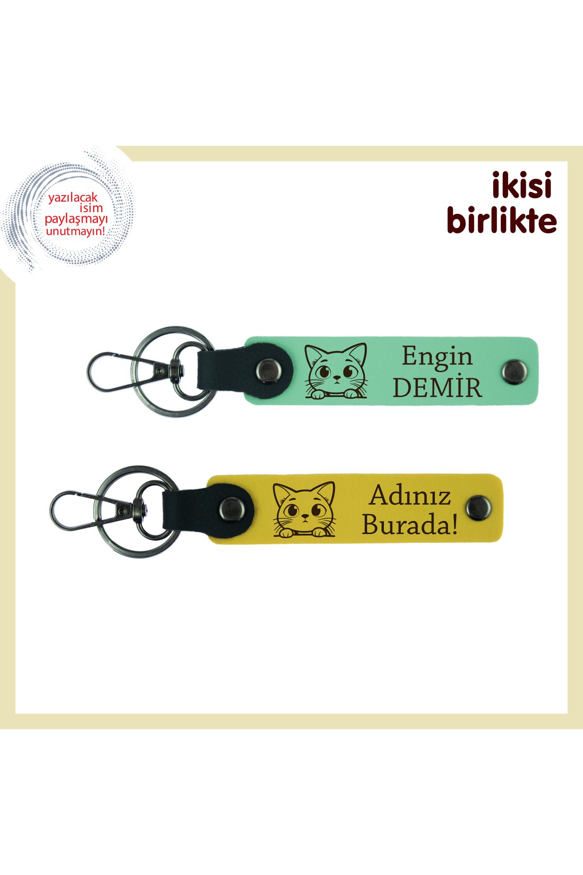 Miaju Evdeki Minik Patiyi Temsil Eden Hediyelik, Kedili Deri Anahtarlık Takımı, Açık Yeşil-Sarı
