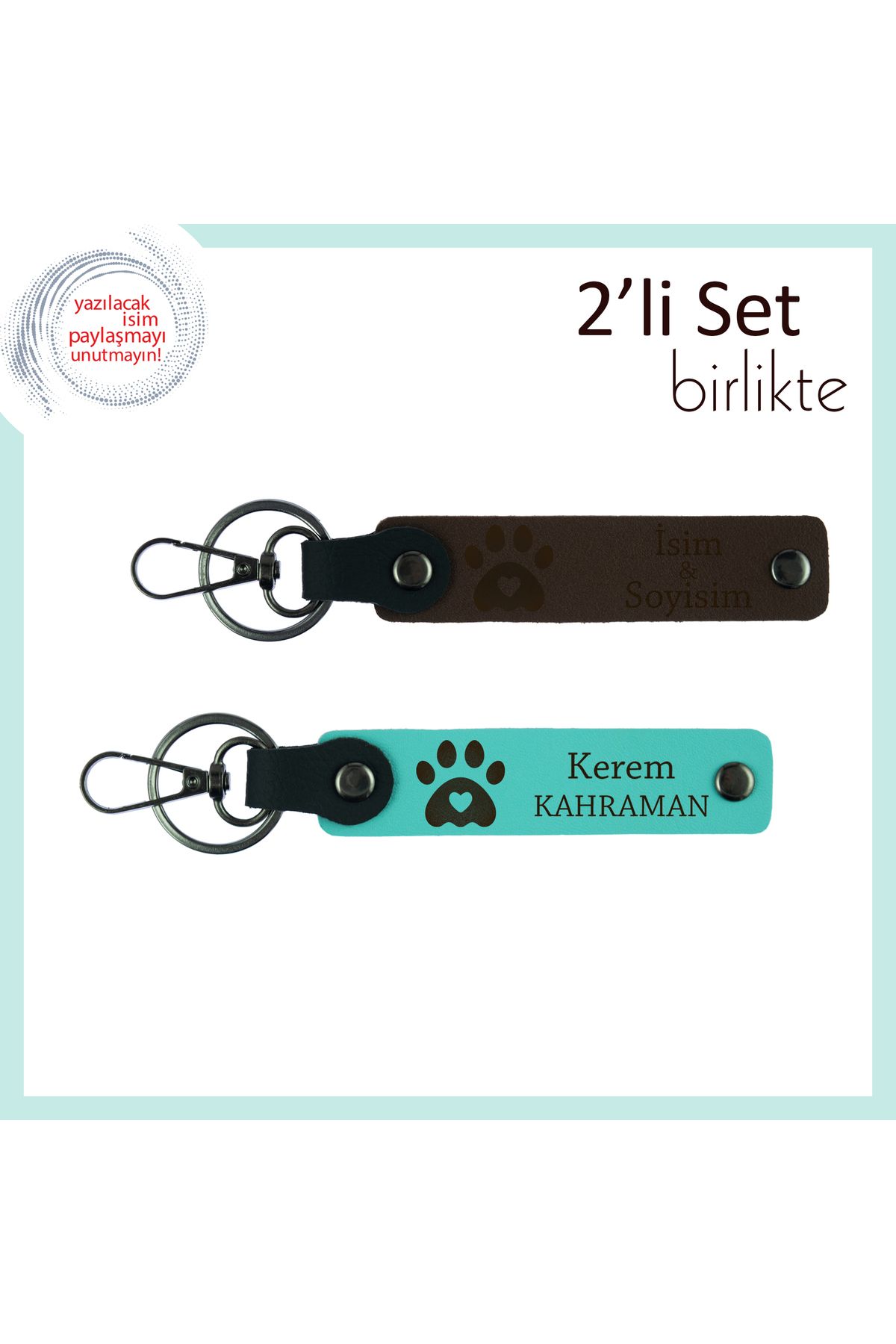 Miaju Yeni Kedisi Olanlara Tebrik Hediyesi, Kalpli Pati Motifli Set, İsim Yazılabilir, Koyu Kahve-Turkuaz