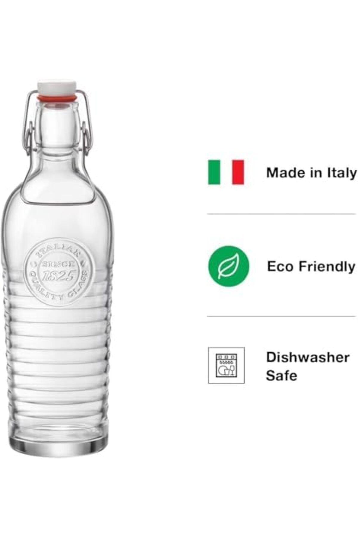 Bormioli Rocco-Officina Water Bottle, Italian Glass Pitcher, Airtight Seal, Metal Clamp, Easy To Carry Handle, 1.2L 3
