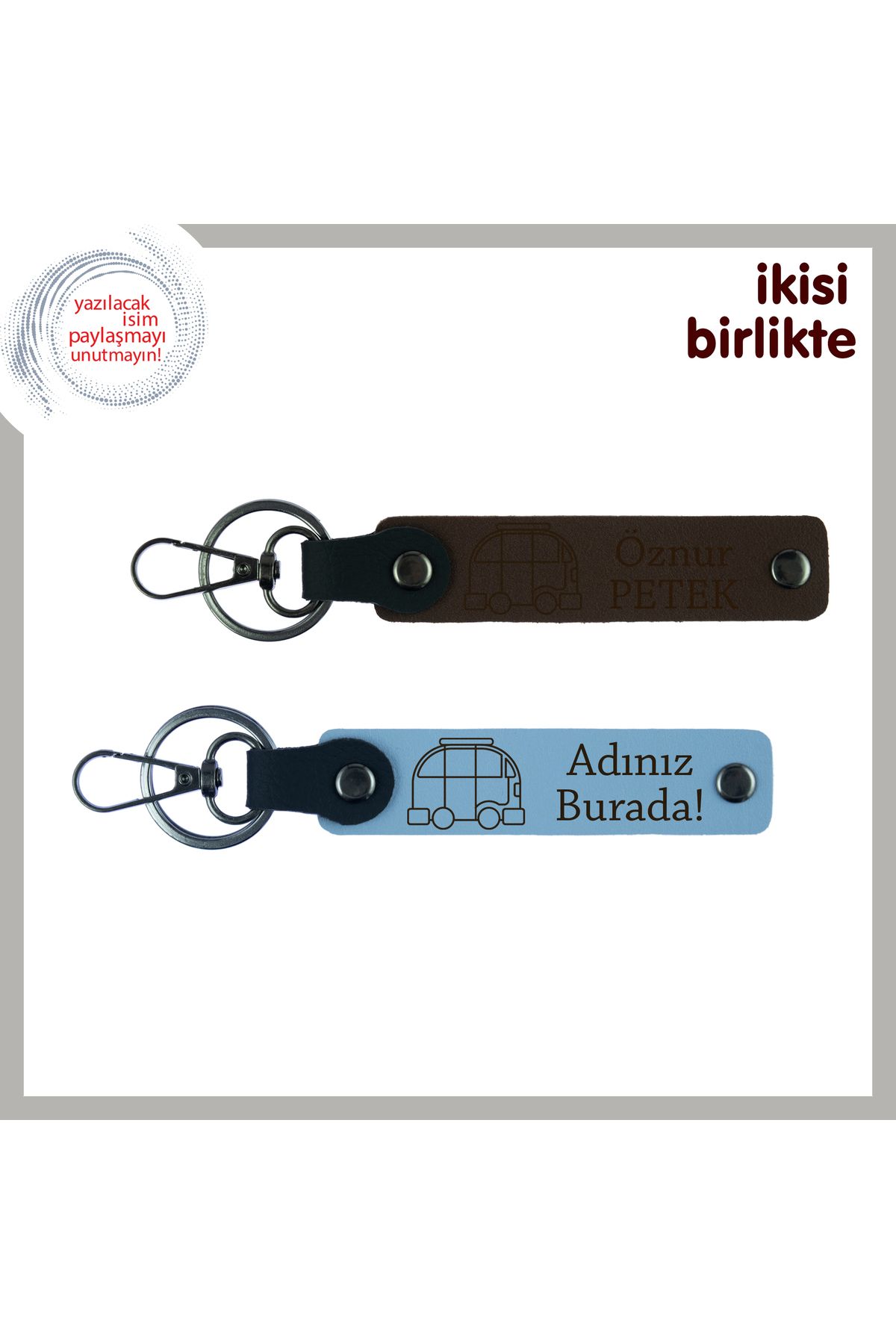 Miaju Kamp Hayatının Ruhunu Yansıtan Set, Kişisel Deri Anahtarlık 2’li, İsim Yazılı, Koyu Kahve-Gök Mavi