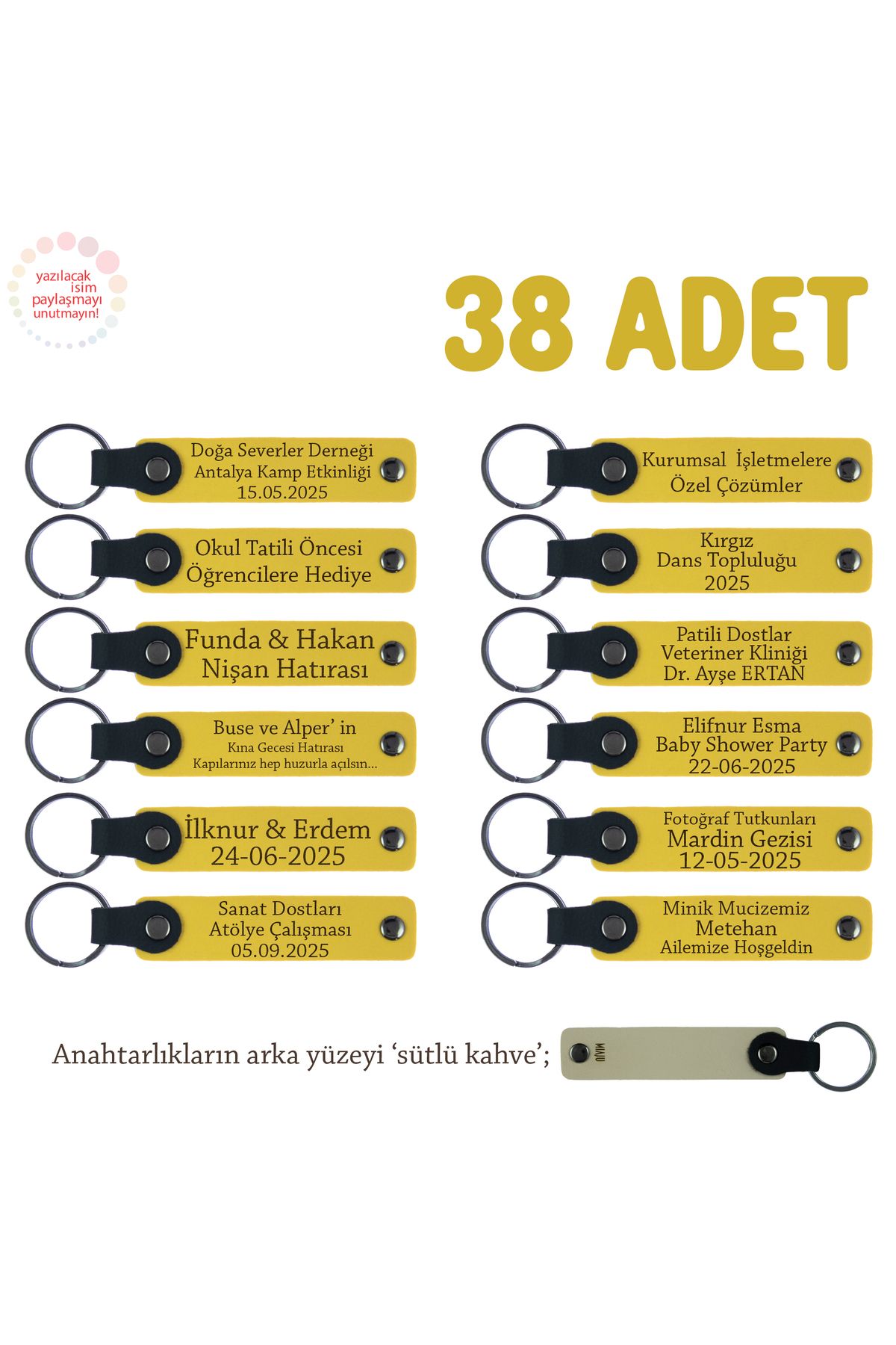 Miaju Sarı & Sütlü Kahve, Öğrencilere Okul Hatırası, 38'li Set, İsim Yazılabilir Deri Hediyelik Anahtarlık