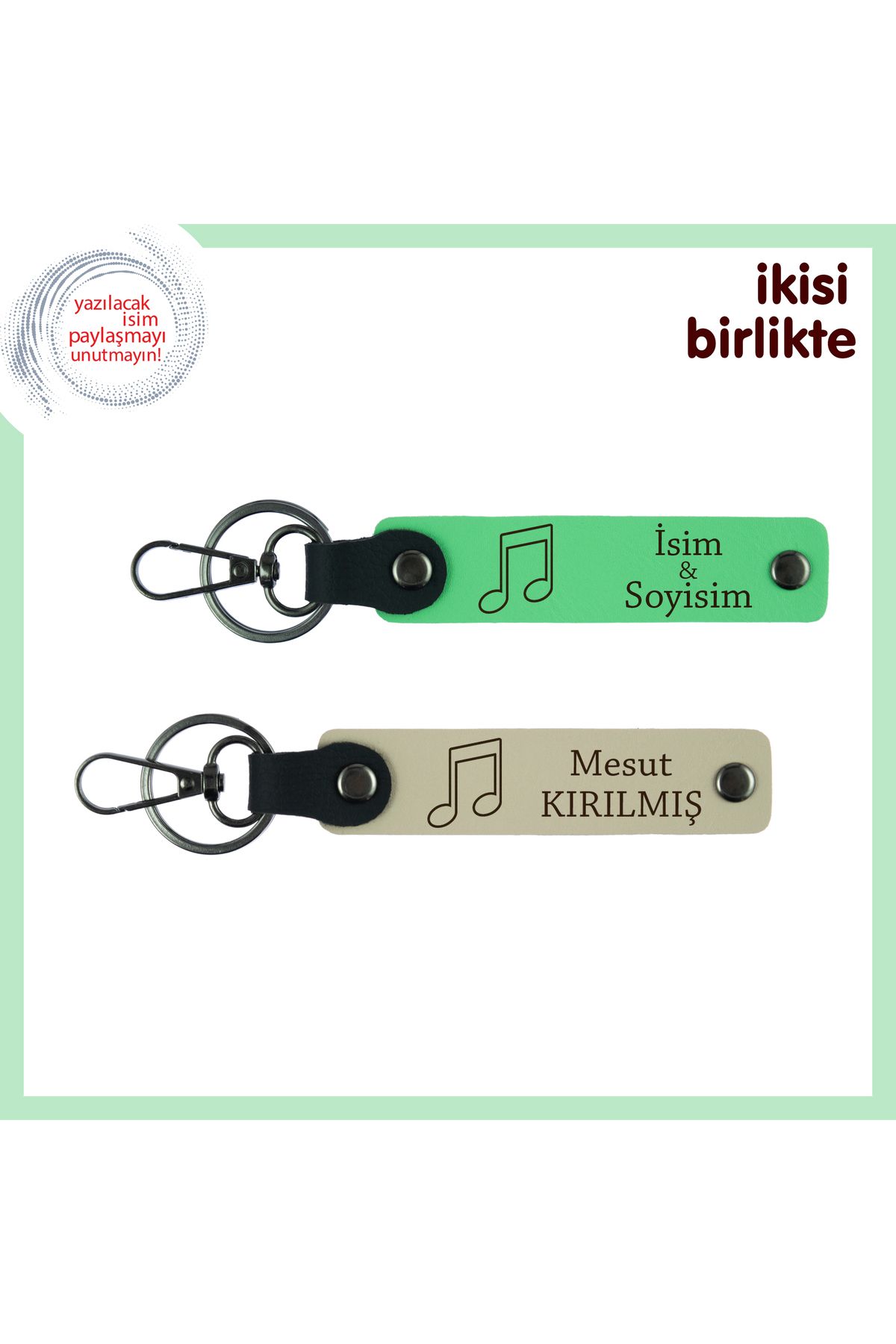 Miaju Aile Bireylerine Müziğin Diliyle Hediye, İsimli Deri Anahtarlık Takımı, Fıstık Yeşil-Sütlü Kahve