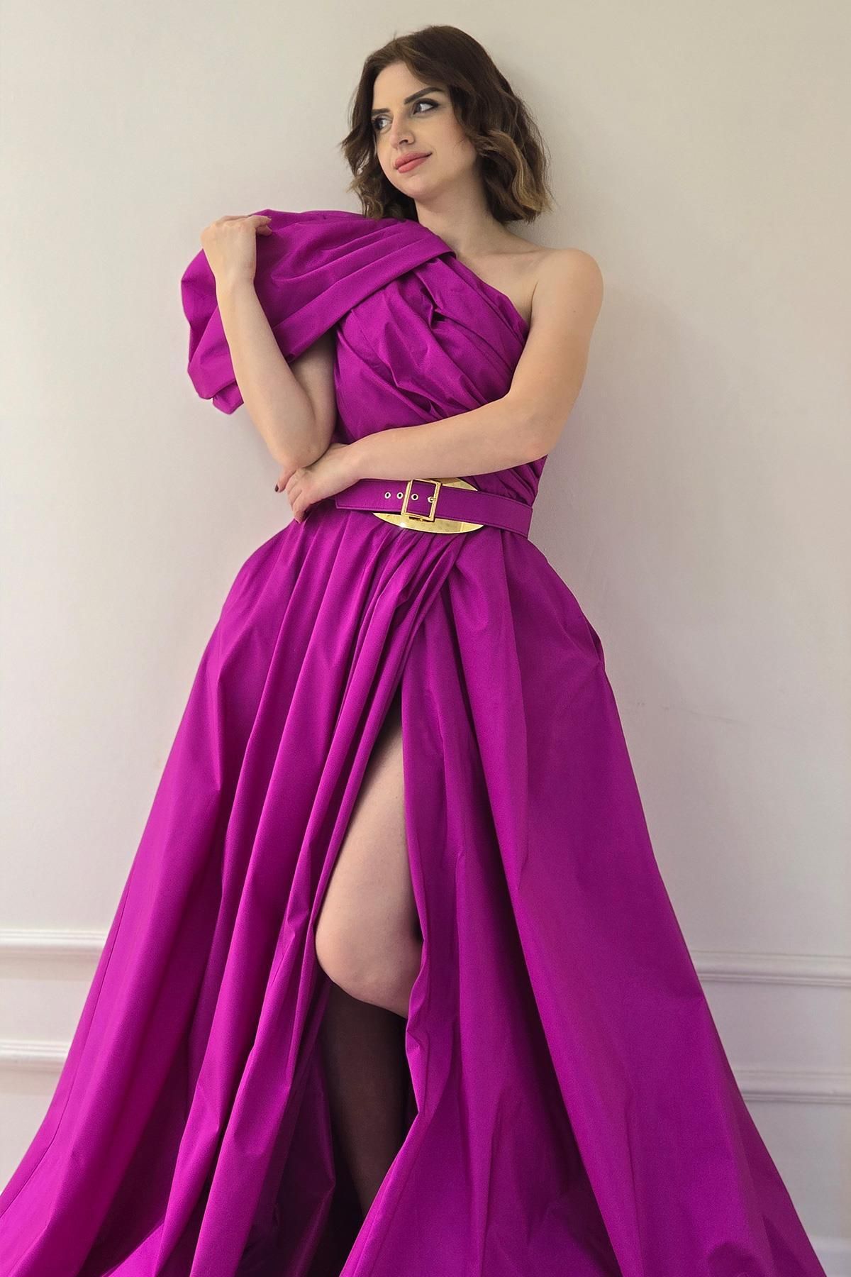 Yonca Moda Evi Fuşya Tek Kol Tasarım Tafta Abiye 7001