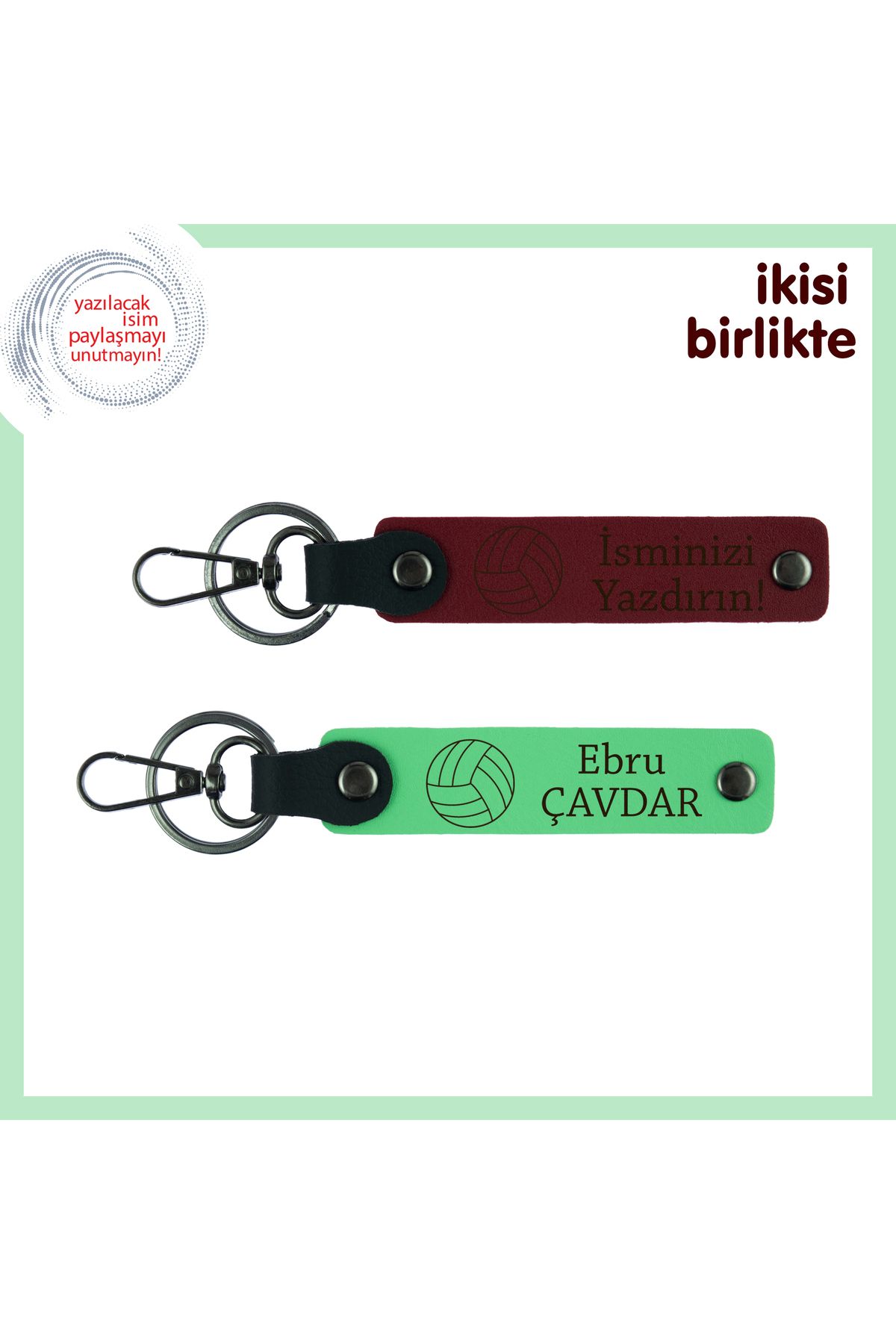 Miaju Voleybolcu Çocuğa Motive Edici Hediye, İsim Yazılabilir Deri Anahtarlık Takımı, Bordo-Fıstık Yeşil