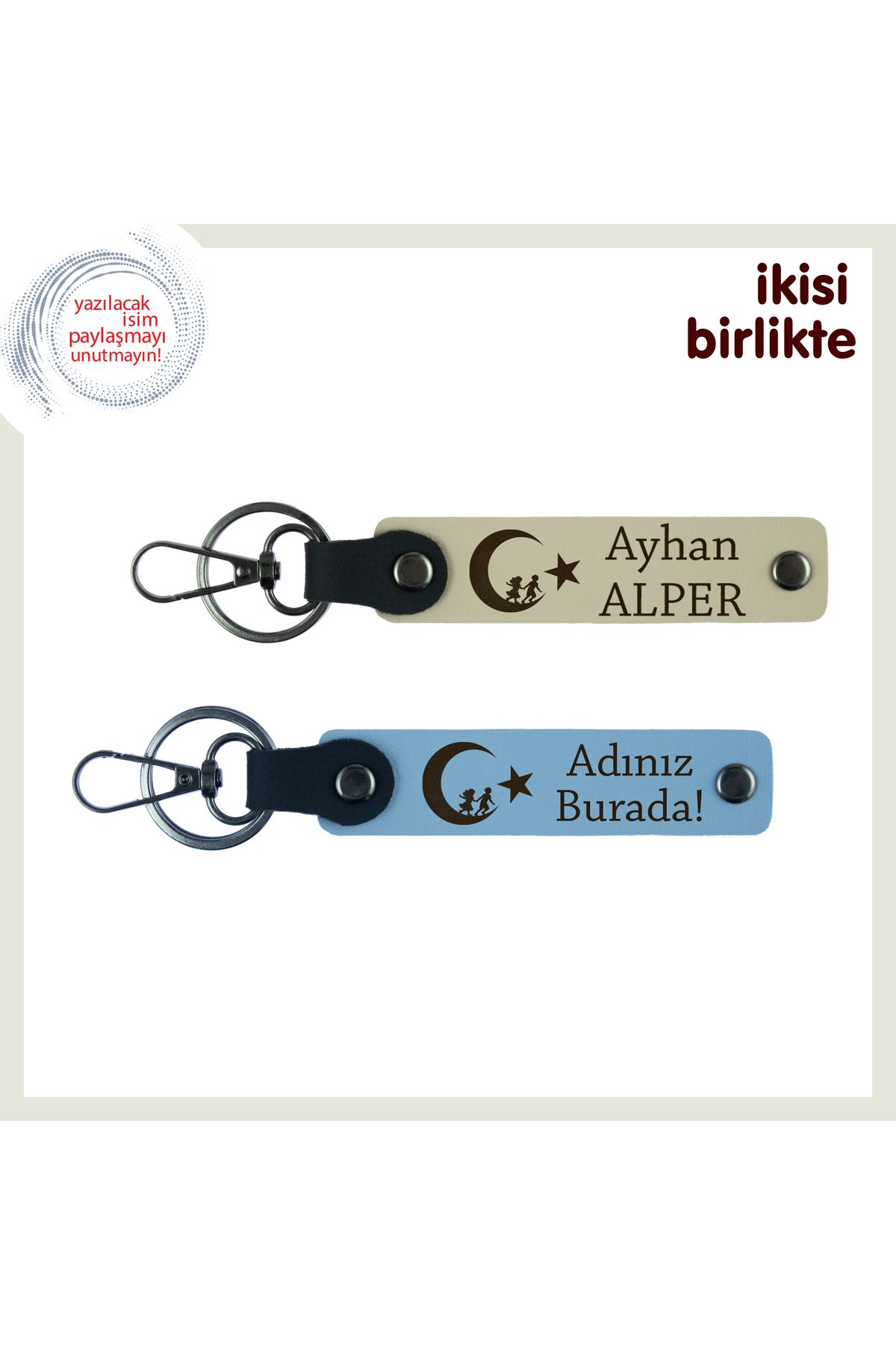 Miaju Şık ve Anlamlı Dokunuş – Çocuk Ve Ayyıldız Temalı Deri Anahtarlık Hediyesi, Sütlü Kahve-Gök Mavi