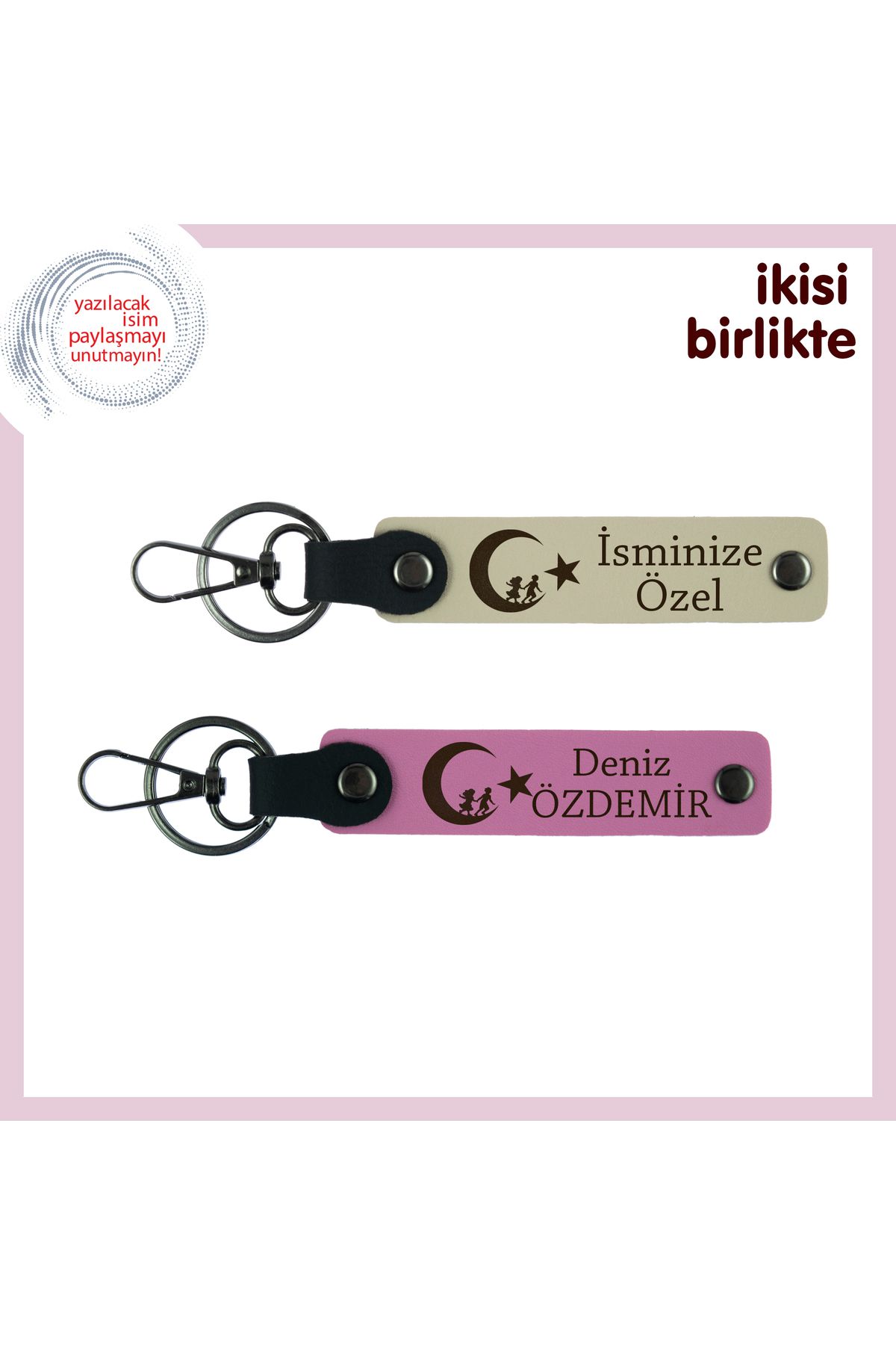 Miaju Sevgilinin İsmine Kişisel Hediye, Çocuk Ve Ayyıldız Temalı Deri Anahtarlık Takım, S Kahve-Pembe