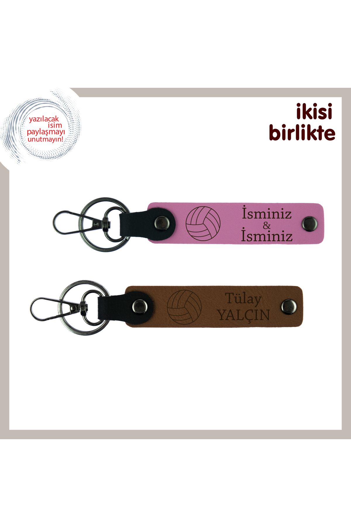 Miaju Sahadaki Dostluklara Güzel Bir Hatıra, Kişiye Özel İsimli Deri Anahtarlık Seti x2, Pembe-Açık Kahve