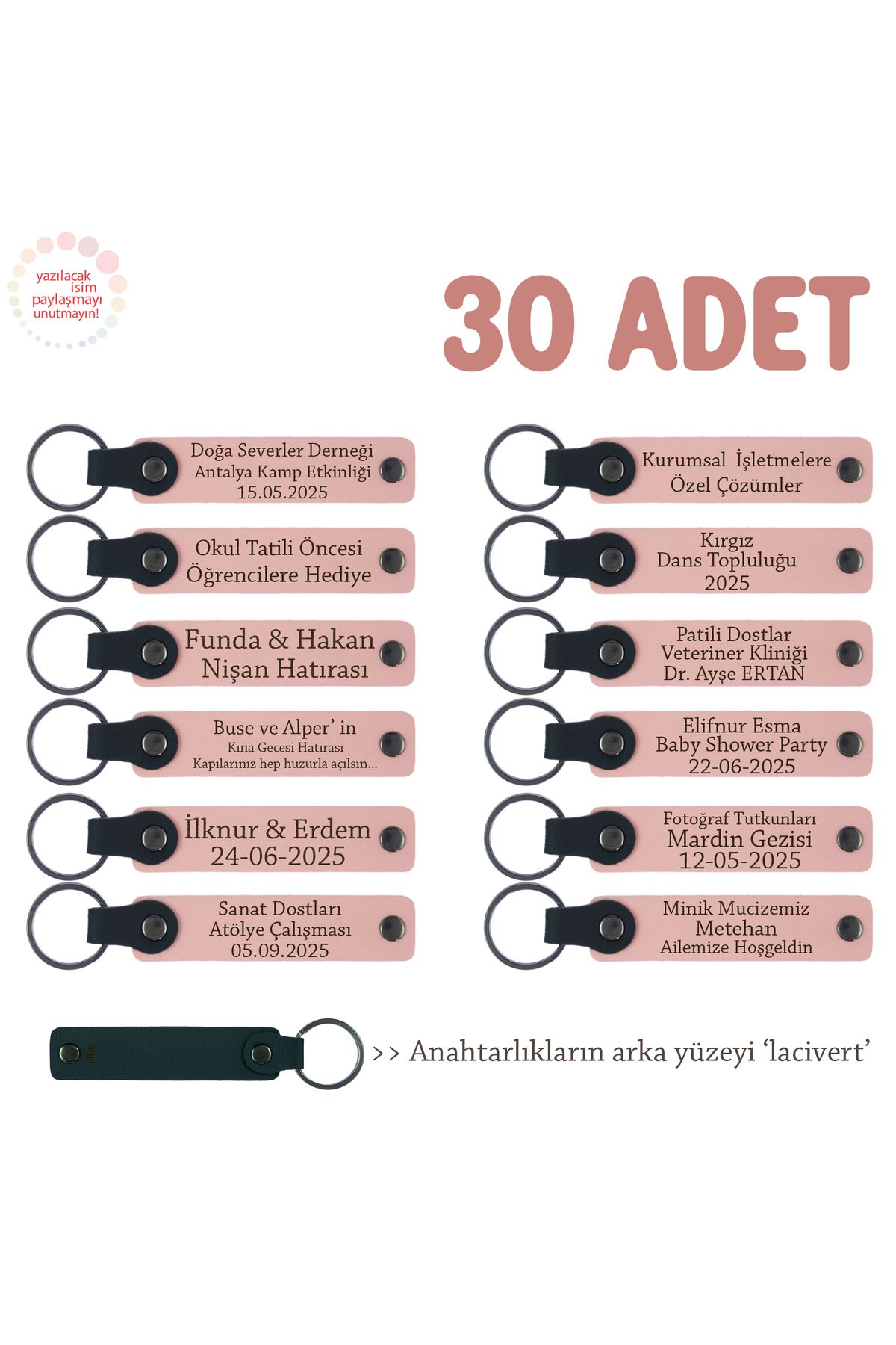 Miaju Kamp Ekibine Özel Üretim, 30'lu Set, Kişisel İsim Yazılı Hediye Deri Anahtarlık, Pudra & Lacivert