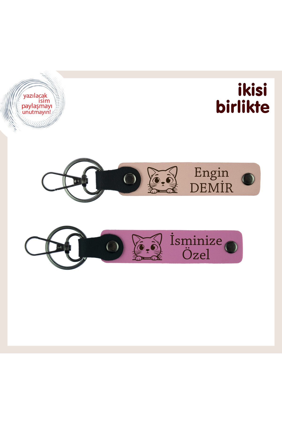 Miaju İki Kalp ve Bir Patinin Ortak Hatırası, Kedi Motifli Deri Anahtarlık Seti, Yavru Ağzı-Pembe