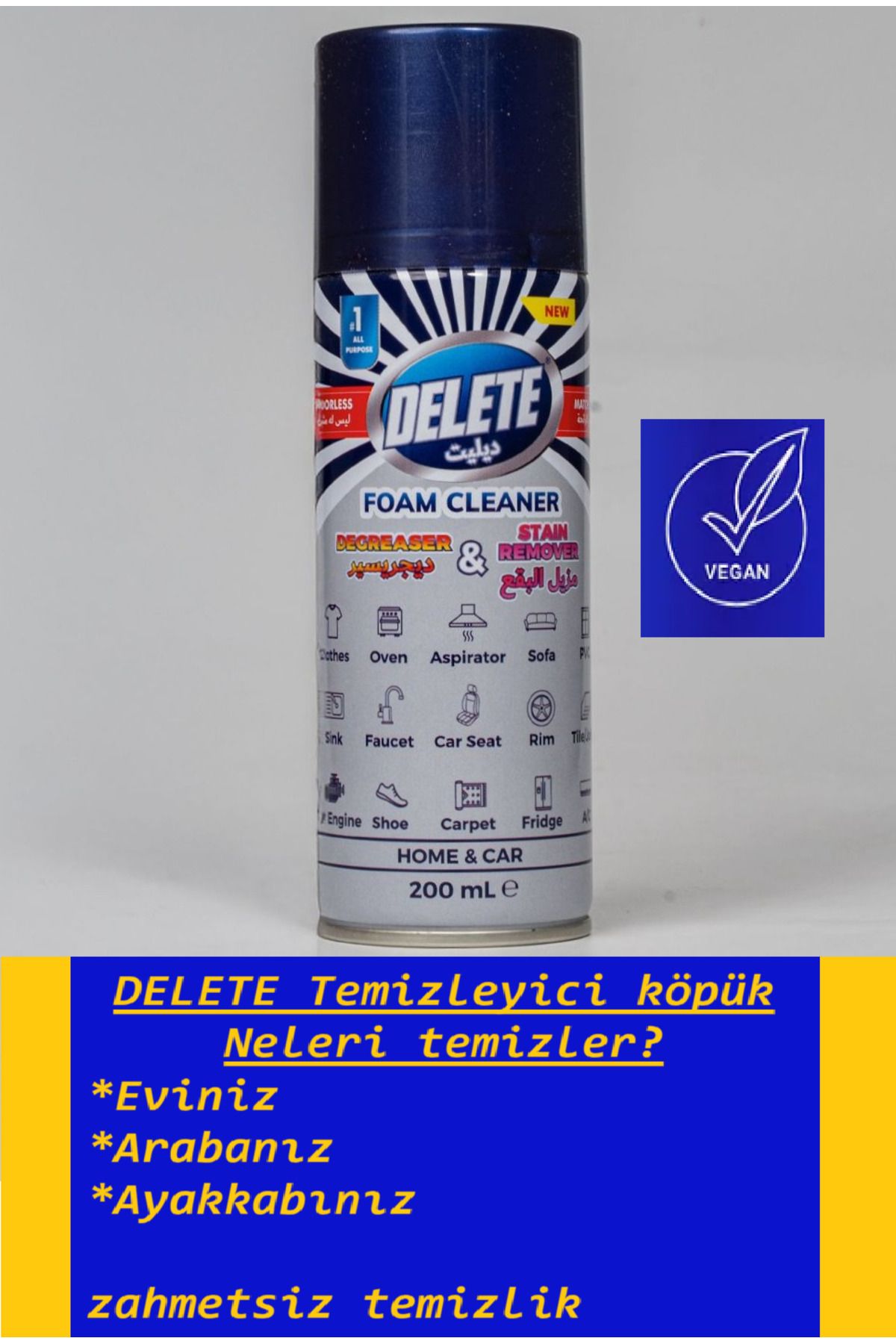 Delete FOAM CLEANER | Çok Amaçlı Yağ Kir Leke Çözücü Genel Temizleyici Köpük 200 ml