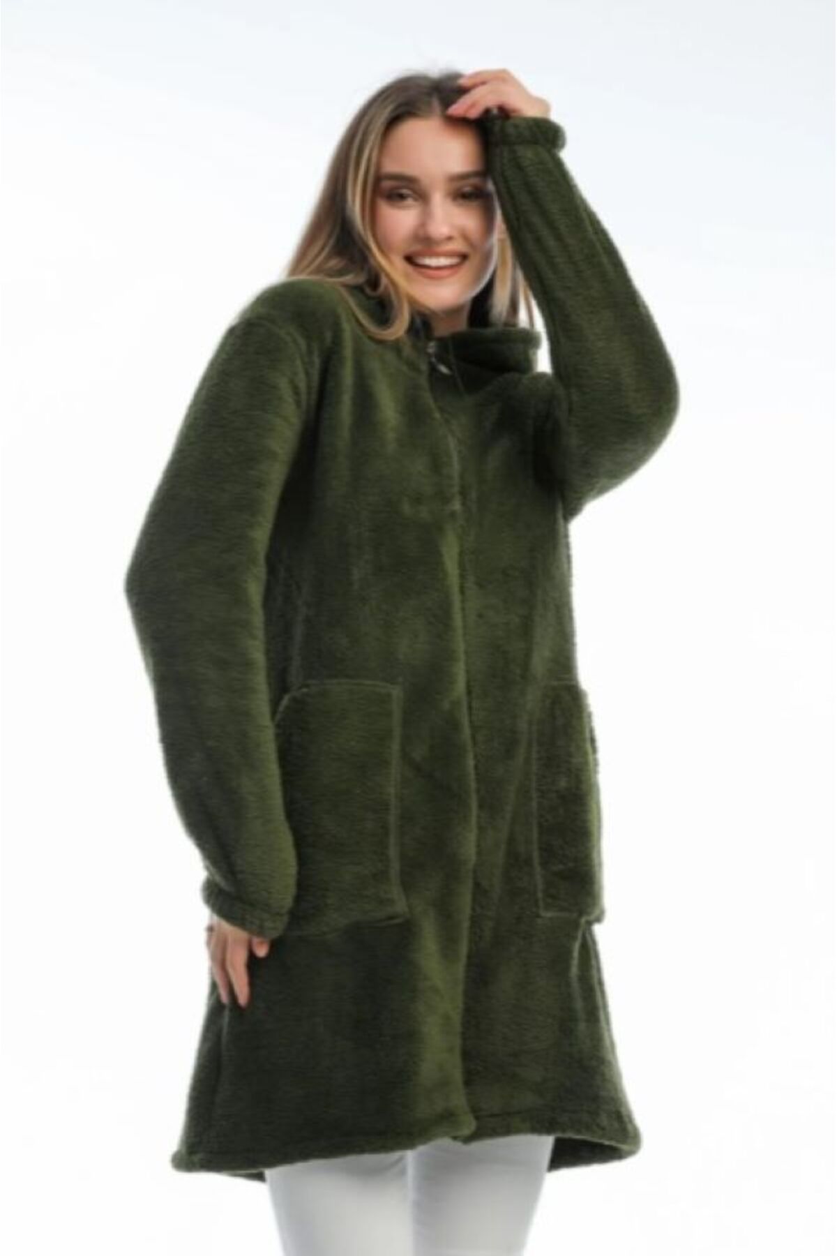 MODA UGS Kadın Siyah Uzun Fermuarlı Peluş Hırka welsoft