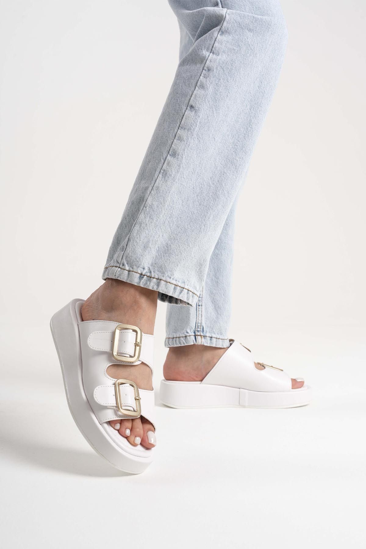 Silver Lady Casual Çift Gold Tokalı Günlük Rahat Şık Kadın Terlik