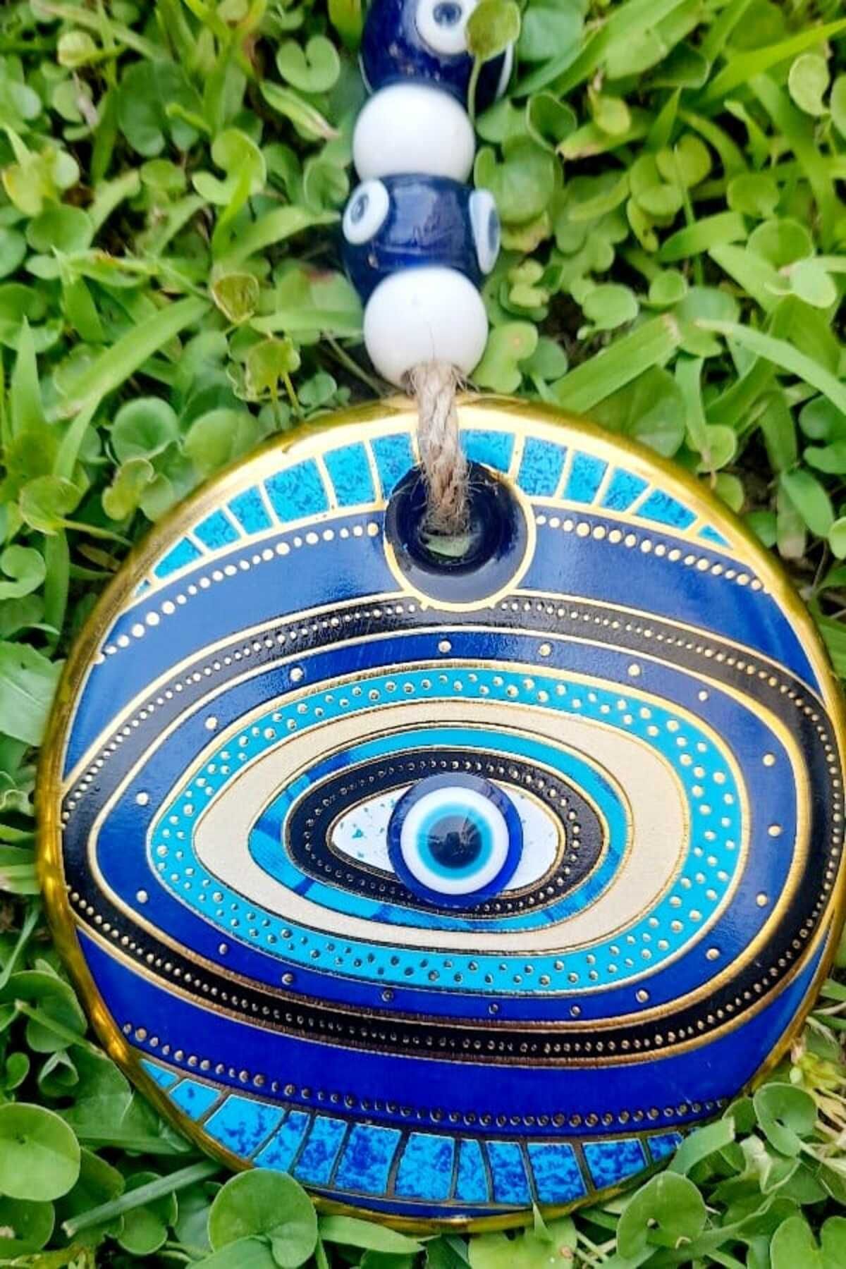 Ellanın Çarşısı 10 Cm Göz Desenli Yaldızlı Cam Nazar Boncuğu El Yapımı Duvar Dekoru .1 Adet.