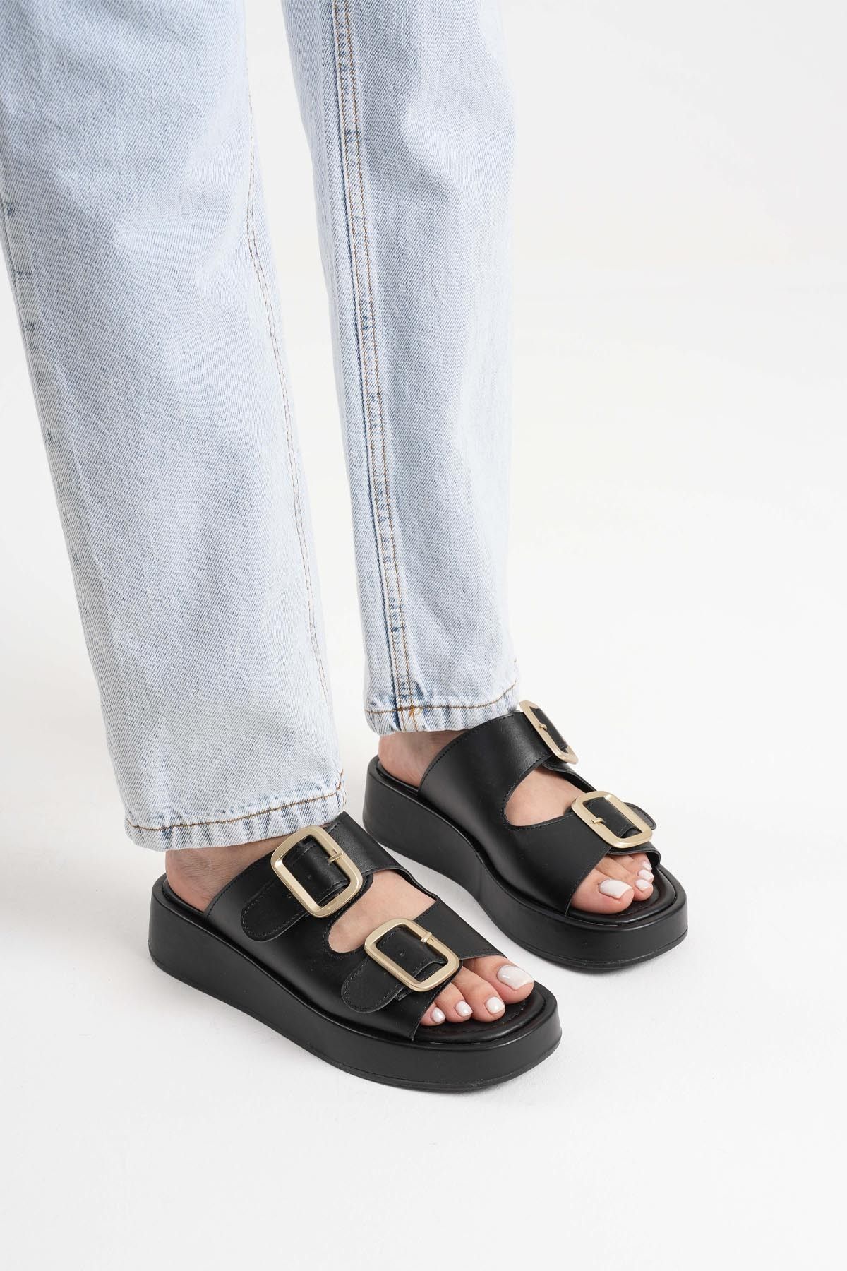 Silver Lady Casual Çift Gold Tokalı Günlük Rahat Şık Kadın Terlik