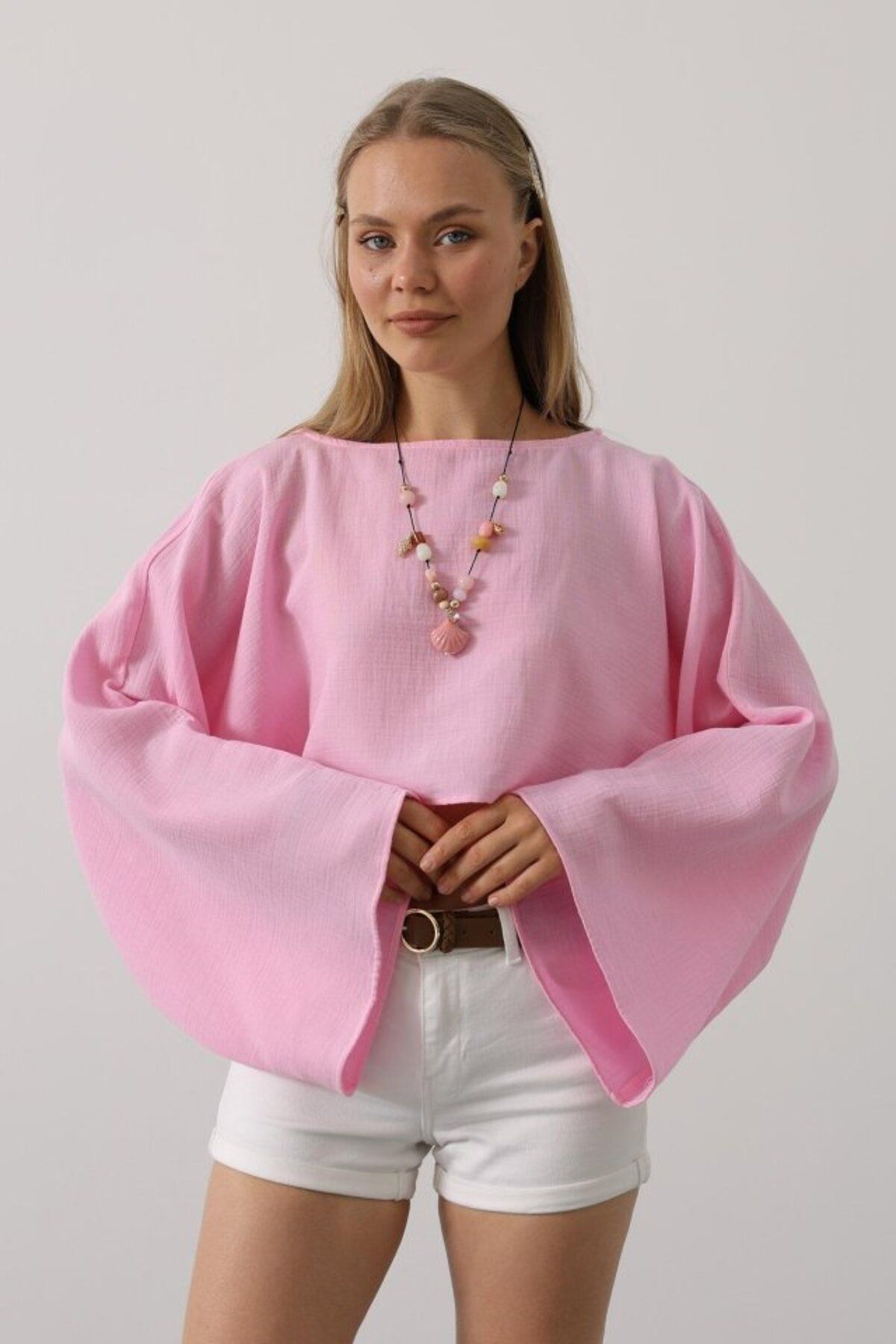 KAZAK YARASA KOLLU CROP BLUZ - Pembe