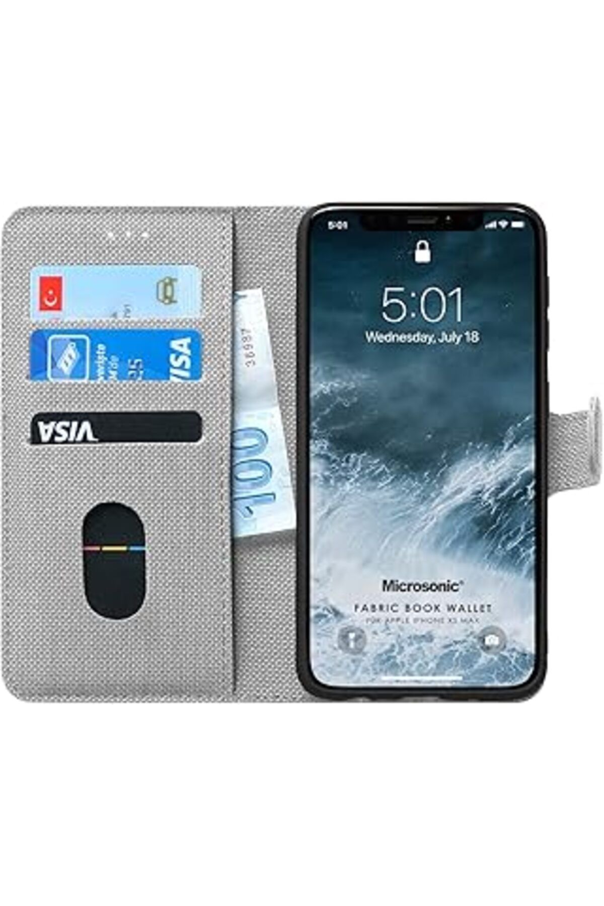 Karachil Microsonic Apple Iphone Xs Max Için Kılıf Fabric Book Wallet Gri [Iphone Xs Max Ile Uyumlu Kılıf -