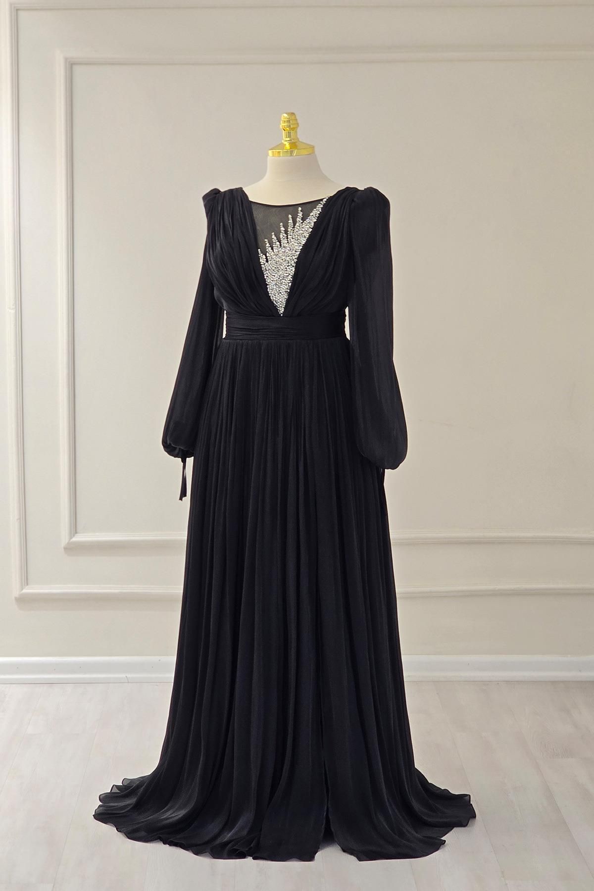 Yonca Moda Evi Siyah Göğüs Taşlı Janjan Abiye 15520