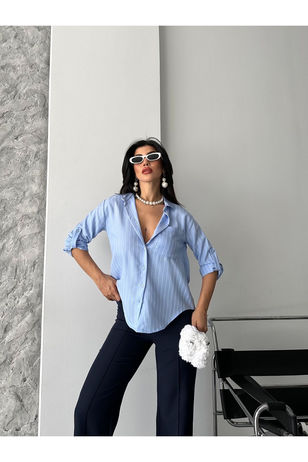 MYGİYİMİSTANBUL  Kadın Çizgili Uzun Kollu Gömlek - Görsel 3