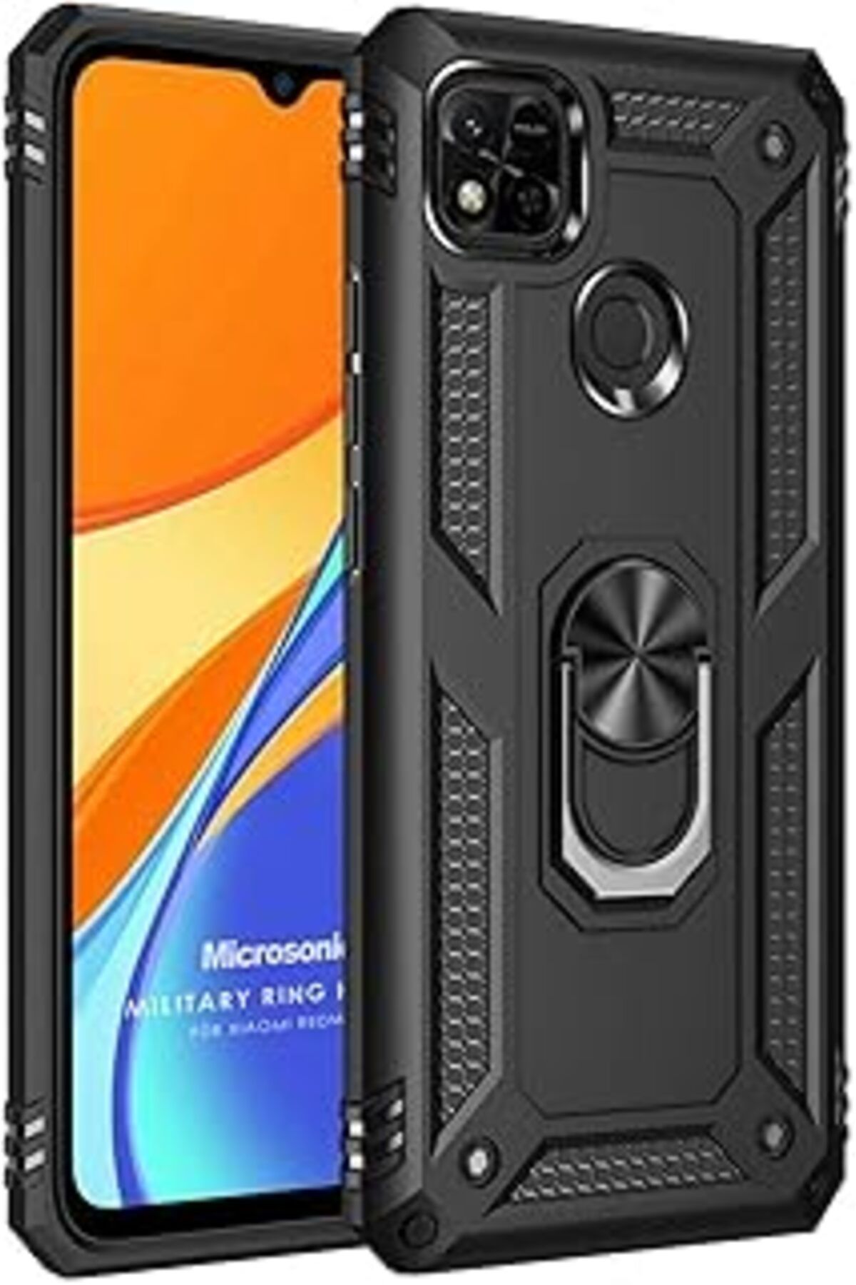 Karachil Microsonic Xiaomi Redmi 10A Için Kılıf Military Ring Holder Siyah [Redmi 10A Ile Uyumlu Kılıf - Siy
