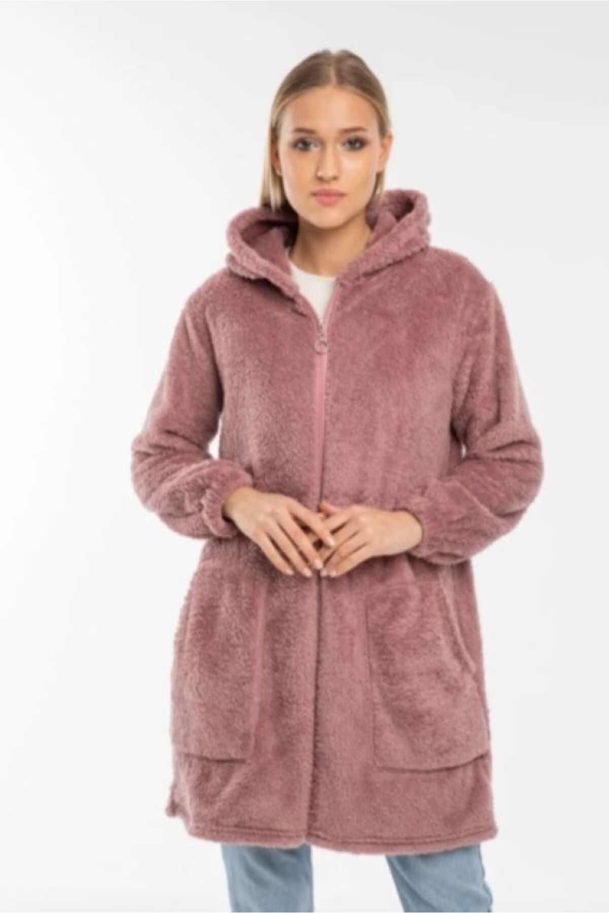 MODA UGS Kadın Siyah Uzun Fermuarlı Peluş Hırka welsoft