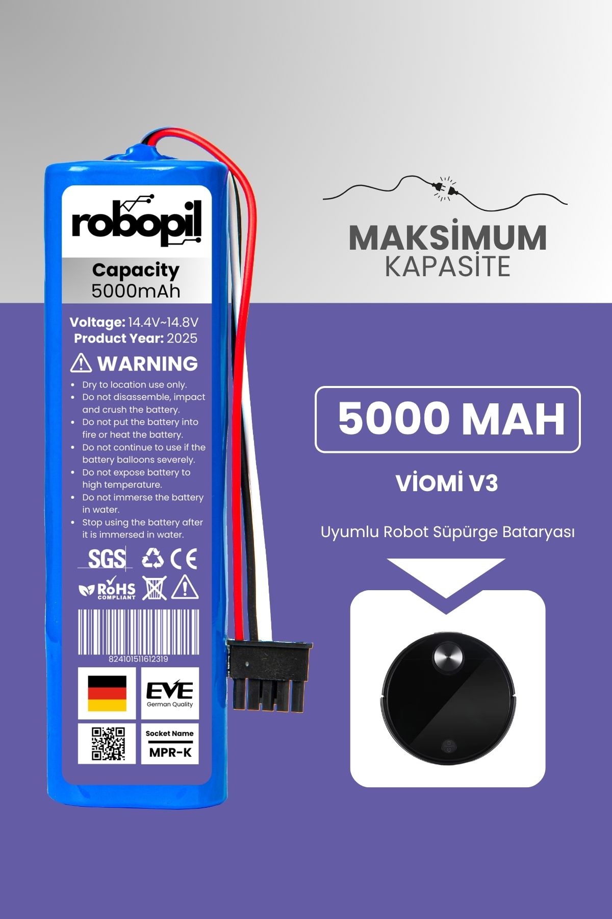 ROBOPİL Viomi V3 Uyumlu Batarya (MAKSİMUM KAPASİTE) 5000mah Pil Robot Süpürge Bataryası Değişimi