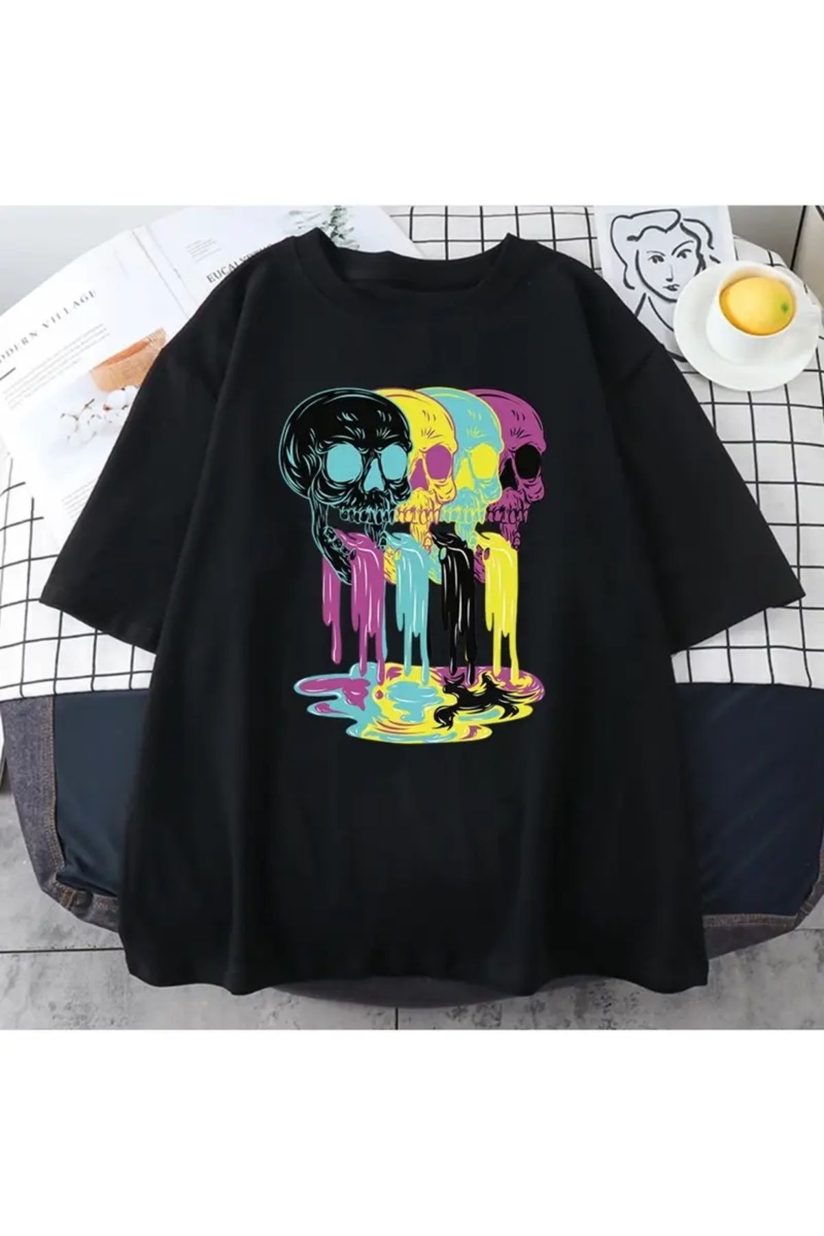 Hunors Sportswear & Company Unisex Kadın/Erkek Oversize Baskılı Pamuklu Bisiklet Yaka Kısa Kollu SİYAH T-shirt