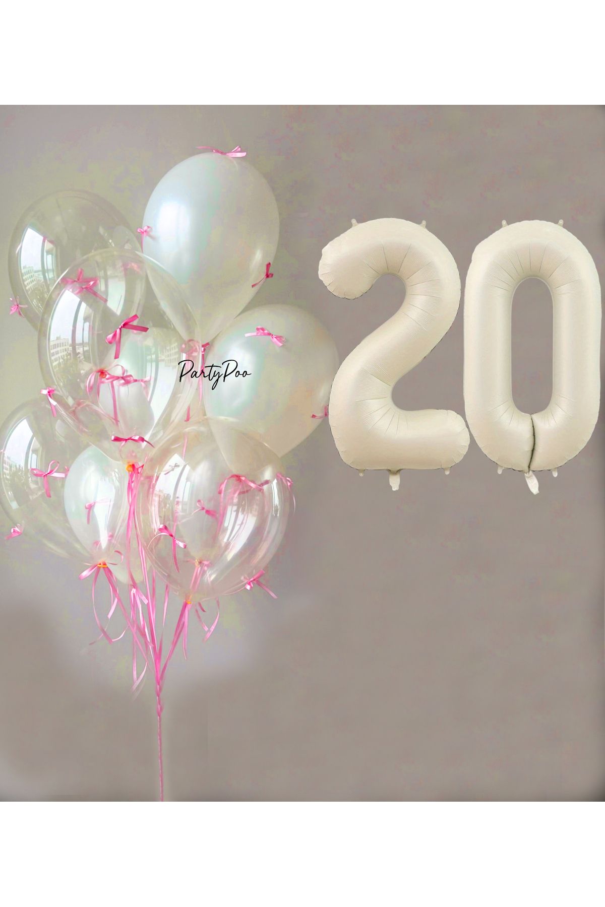 PartyPoo Pembe Fiyonklu Şeffaf Beyaz Balon Seti + Krem Rakam Folyo Balon – 11'li Doğum Günü Parti Süsü