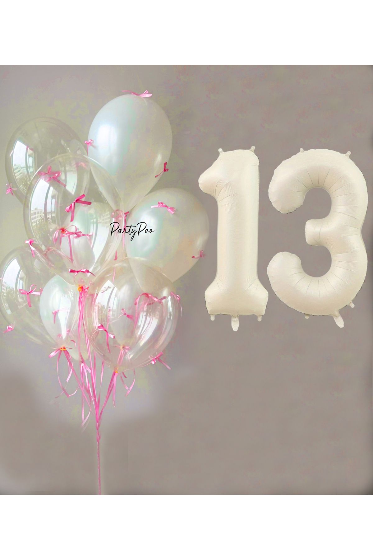 PartyPoo Pembe Fiyonklu Şeffaf Beyaz Balon Seti + Krem Rakam Folyo Balon – 11'li Doğum Günü Parti Süsü