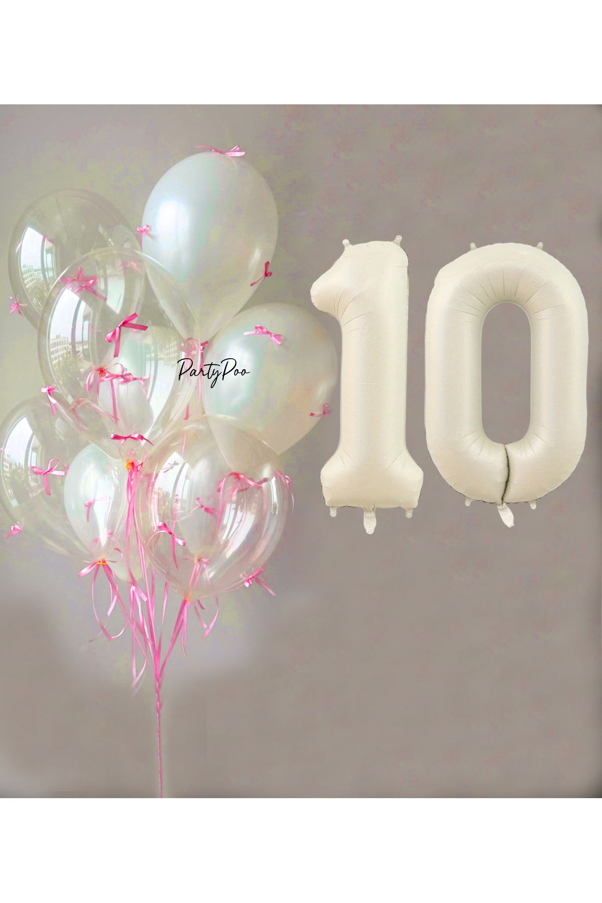 PartyPoo Pembe Fiyonklu Şeffaf Beyaz Balon Seti + Krem Rakam Folyo Balon – 11'li Doğum Günü Parti Süsü