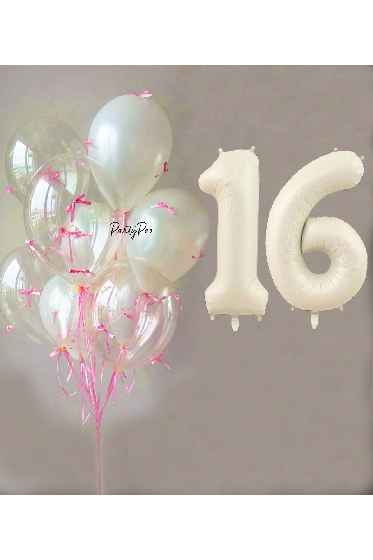 PartyPoo Pembe Fiyonklu Şeffaf Beyaz Balon Seti + Krem Rakam Folyo Balon – 11'li Doğum Günü Parti Süsü